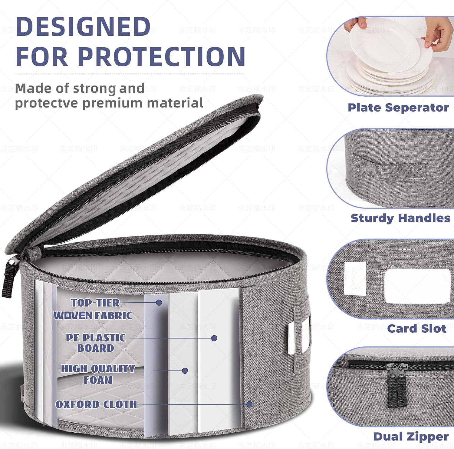 LUXULA China Storage Containers for 12 Place Setting with Two Plate Bags, 5 Pcs Hard Shell Quilted China Storage Cases for Dinner Plates, Salad Plates, Dessert Plates, Saucers, Cups & Mug Storage