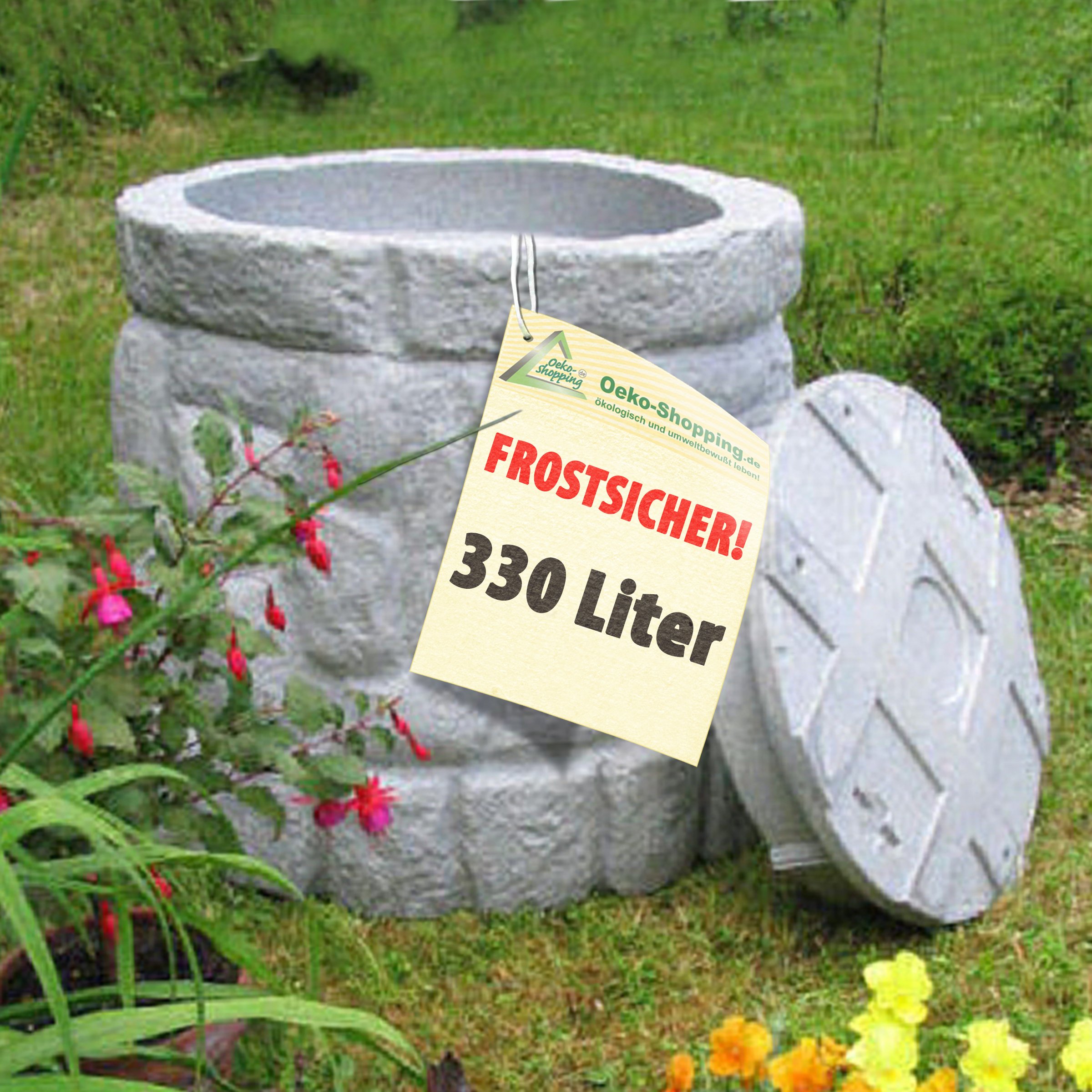 Sonderpreis! Regentonne Regenfass Regenspeicher Regenwassertonne Märchenbrunnen 330l mit Wasserhahn und stabilem Deckel (Granit-grau)