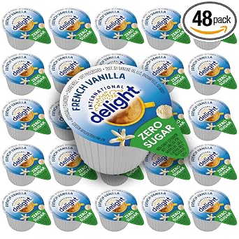 Zero Sugar French Vanilla Coffee Creamer Singles - 48 Pack Vanilla Creamer, Non Refrigerated Individual Cups - Coffee Creamer Zero Sugar, Lactose Free