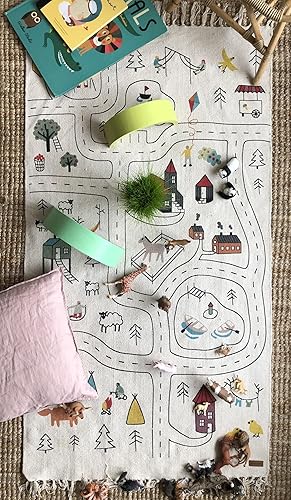 Miniatura 8 de Alfombra tejida a mano de algodón orgánico para niños (59 x 35 pulgadas), diseño de mapa de ruta de la ciudad, alfombra no tóxica y ecológica