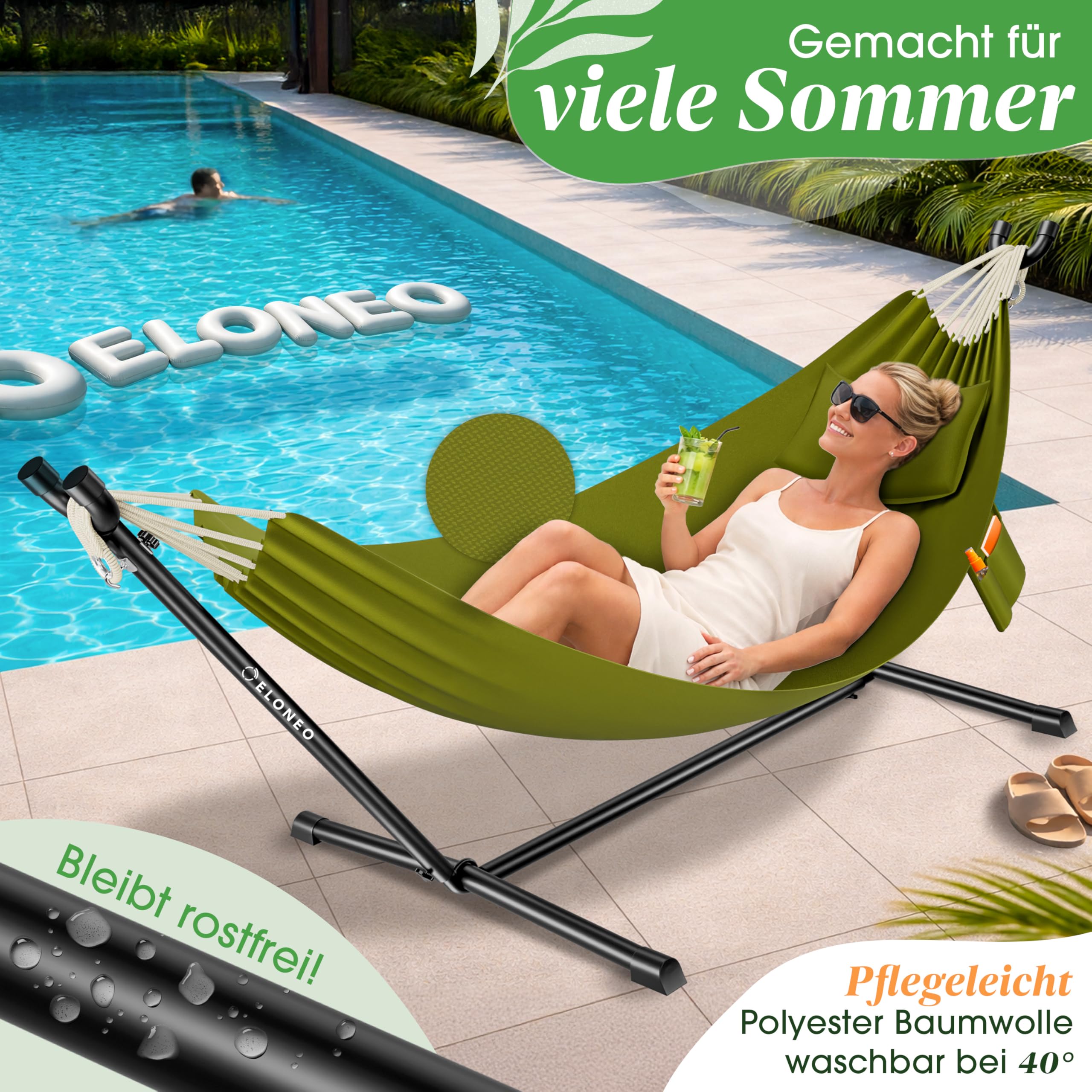 ELONEO Hängematte mit Gestell für 2 Personen | 200 kg Belastbarkeit | höhenverstellbares Hängemattengestell Outdoor und Indoor