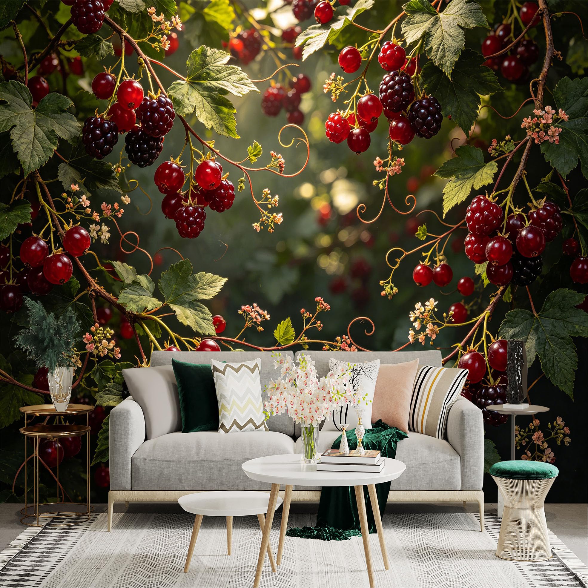 Lnzczhyre Dbh260521186 Custom Size Wall Sticker Mural， Ripe Red Currants And Dark Blackberries On Vines， Lush Forest Berry Garden， For Wall Decoration， Peelandstick Wall Decals.