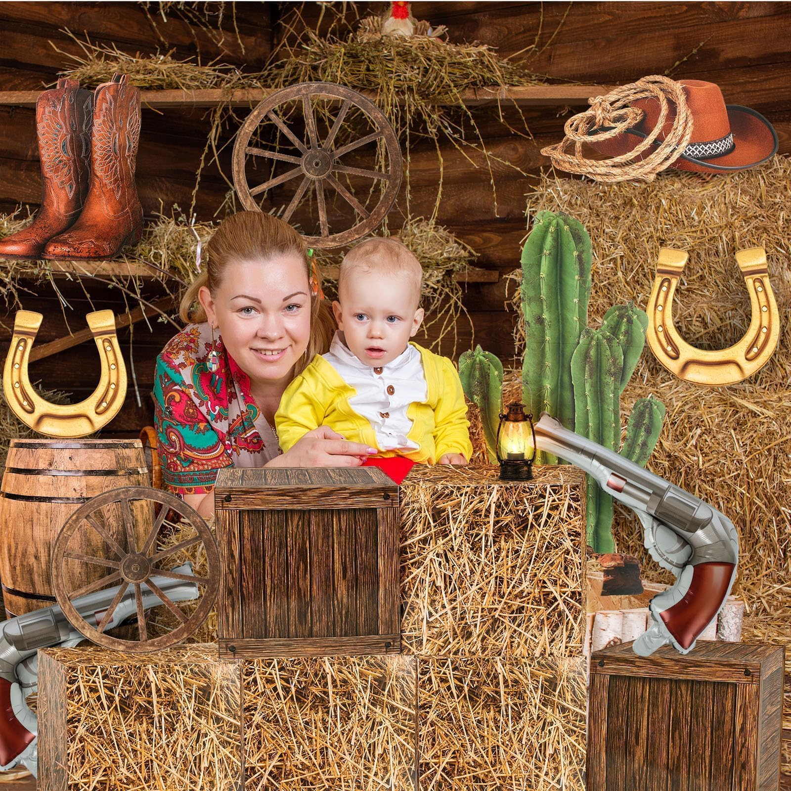 YLOLUL Set di 18 decorazioni per feste con cowboy occidentale, 6 scatole di balle di fieno, 2 ruote in legno, 10 centrotavola da cowboy occidentale, decorazioni per cabina fotografica, cowgirl, feste