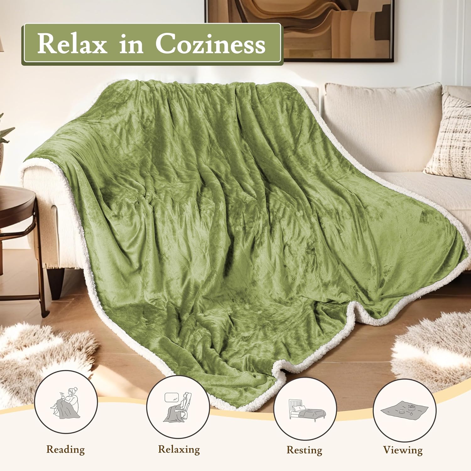 Electric Heated Blanket 72"x84" Full Size Flannel & Sherpa - 4 Heat Settings & 10H Auto Shut Off for Safe Overnight Use, Fast Heating, Machine Washable for Bed, Couch, Office - Green - Image 6