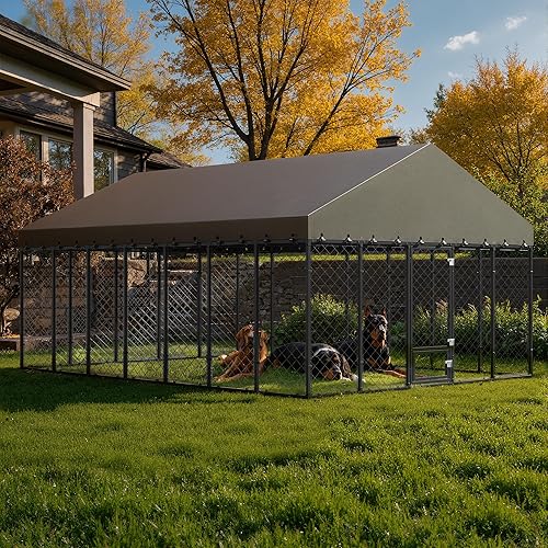 Miniatura 5 de Perrera resistente para perros de 10 x 14 pies para exteriores con techo, recinto grande para perros y casa para perros resistente a la intemperie,