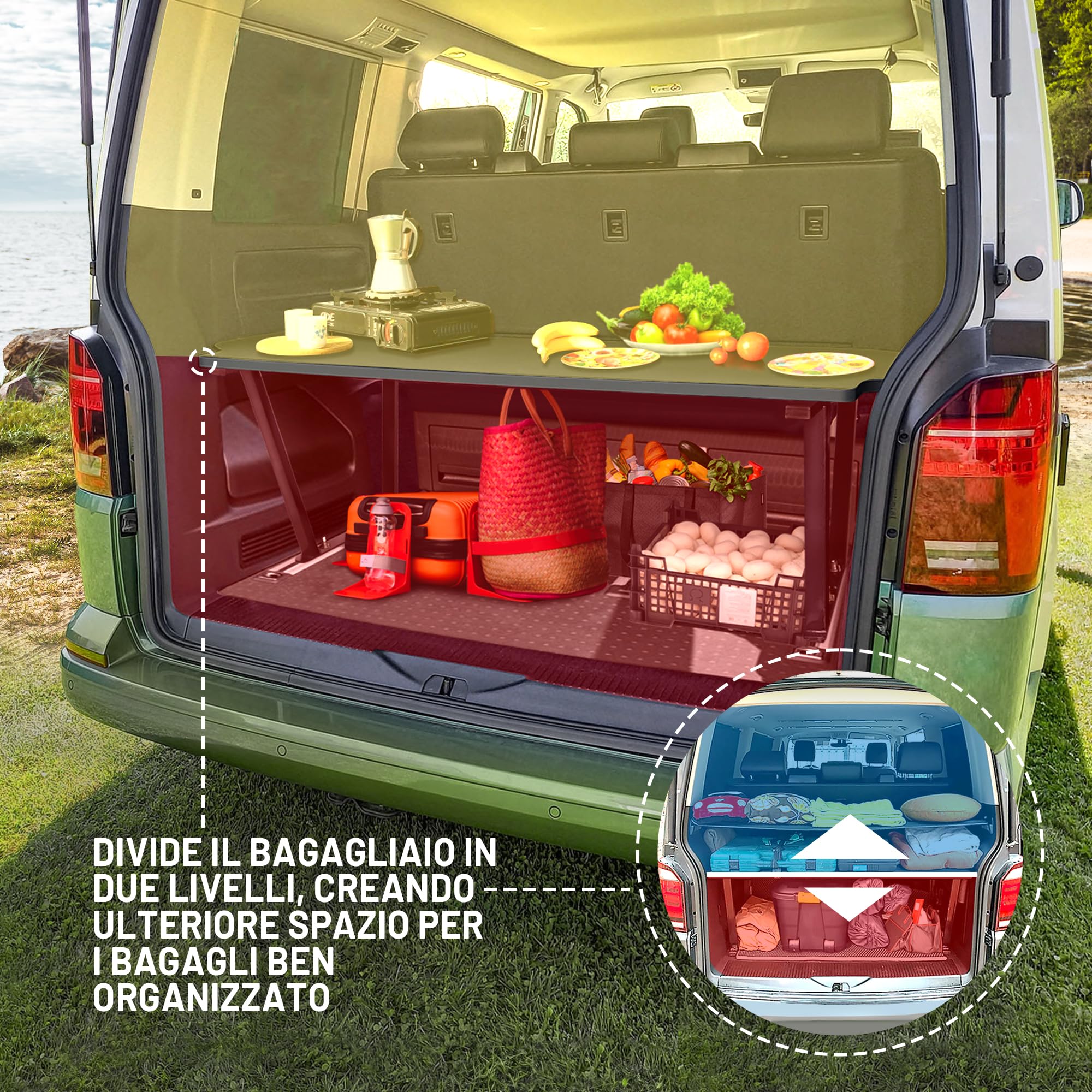 CHROMEMASTER | Compatibile con VW T6 2015-2019 Multivan | Letto Pieghevole per Auto, Prolunga del Letto Multiflexboard per Camper, Letto da Campeggio, Scaffale, Tavolo | Accessorio per Il Camper