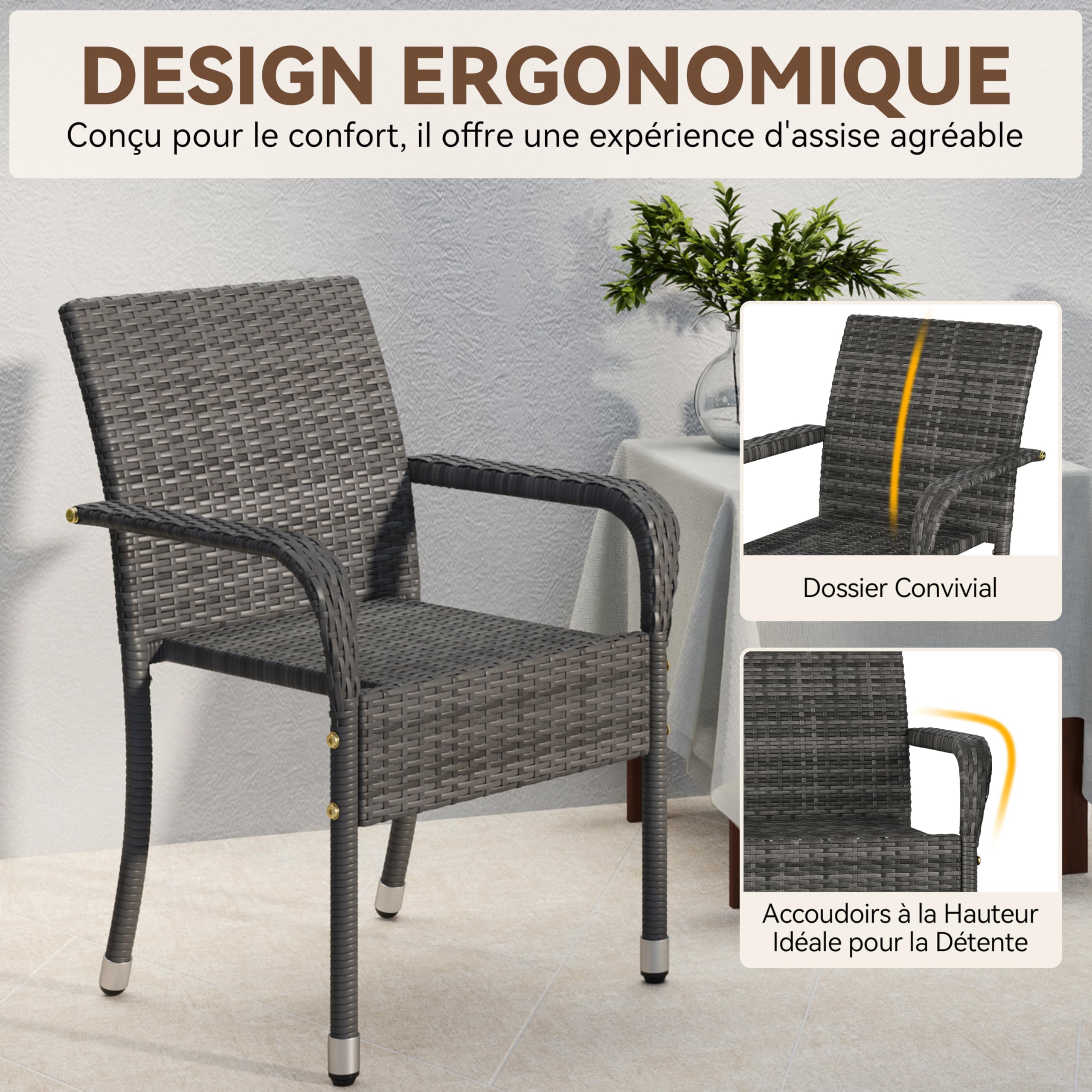 Abician Lot de 6 Chaises de Jardin en Rotin Synthétique Fauteuils Empilables d'Extérieur avec Accoudoirs Cadre en Métal Terrasse Véranda Balcon Salon Salle à Manger Gris