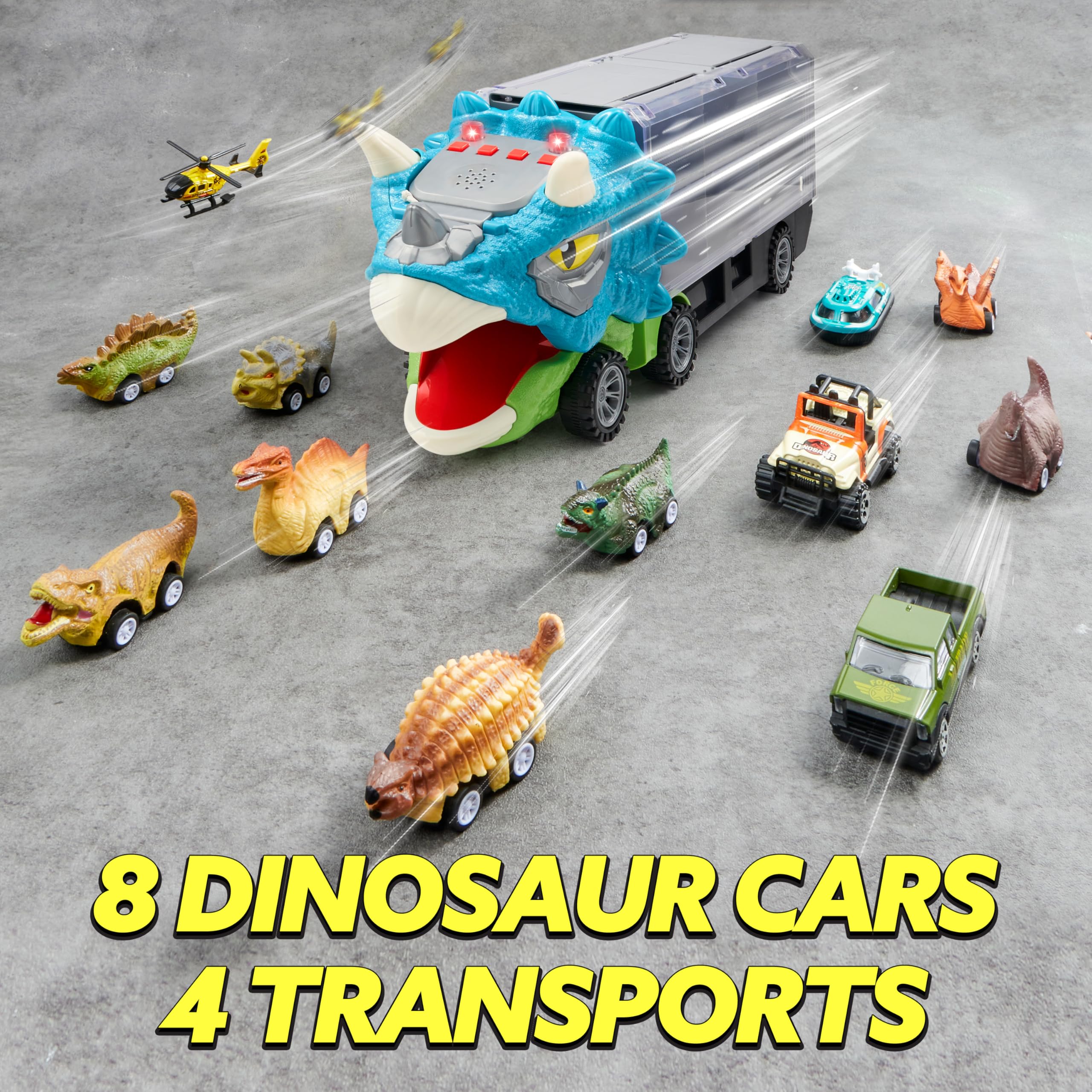 JOYIN 13 Pcs Triceratopo Dinosaur Toy Car Transporter for Kids, con 12 veicoli dinosauro retrattili, 1 camion trasporto dinosauri giocattolo con musica, suoni, luci, 1 elicottero