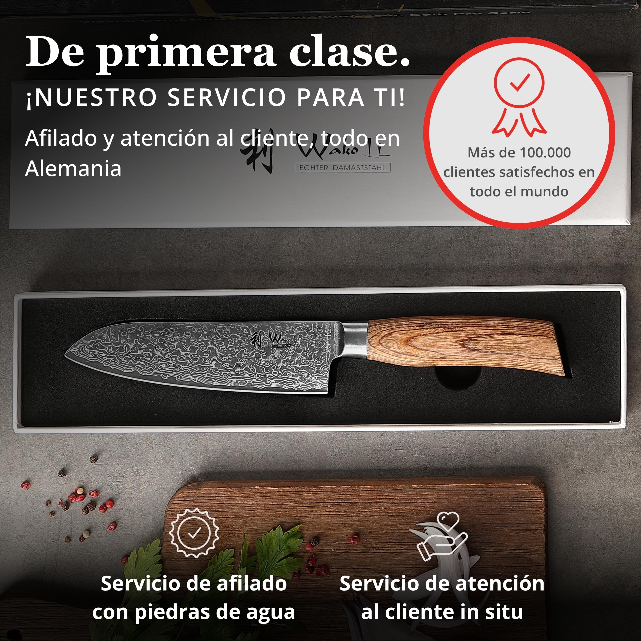Wakoli EDIB Pro - cuchillo de damasco santoku de 16cm, hoja muy afilada de 67 capas, cuchillo de cocina de damasco y de chef profesional de acero de damasco auténtico con mango de madera de pakka