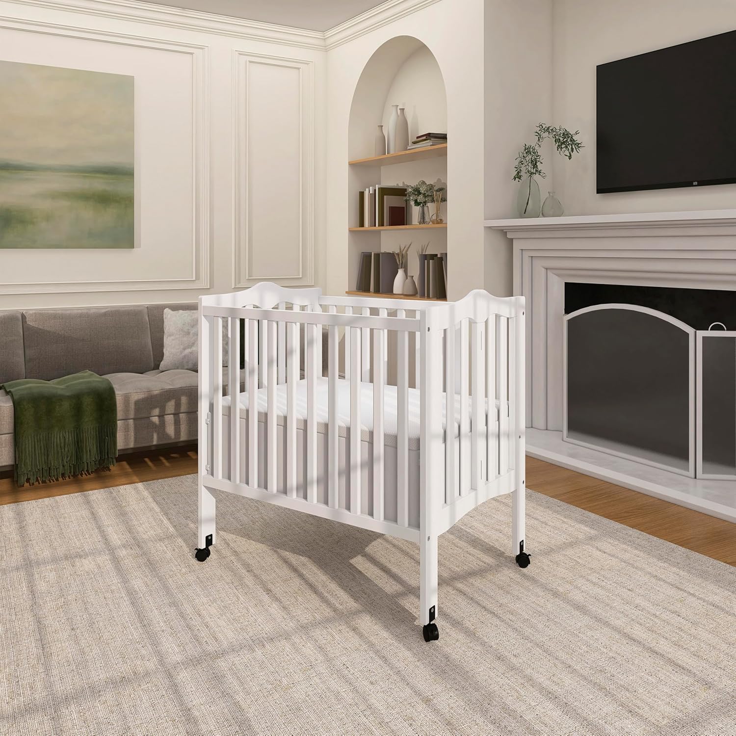 Dream On Me 2-In-1 Lightweight Folding Portable Stationary Side Crib In White, Greenguard Gold Certified, Baby Crib To Playpen, Folds Flat For Storage, Locking Wheels