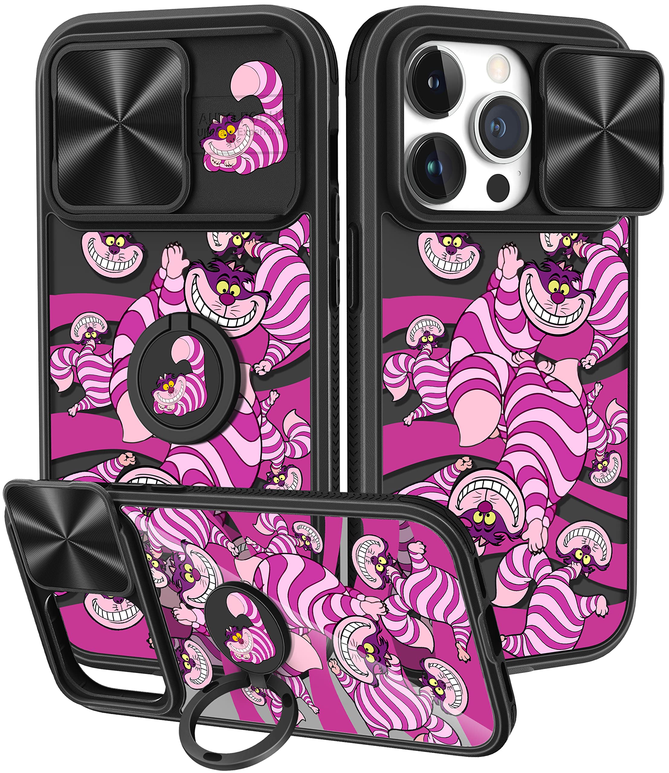 Joyleop(2in1 for iPhone 14 Pro Max Case Cartoon Cute Striped Cat for Girls Pretty Women Teen Kids Girly Phone Covers Black Pattern Design with Slide Camera Cover+Ring Holder for Apple 14 ProMax 6.7”