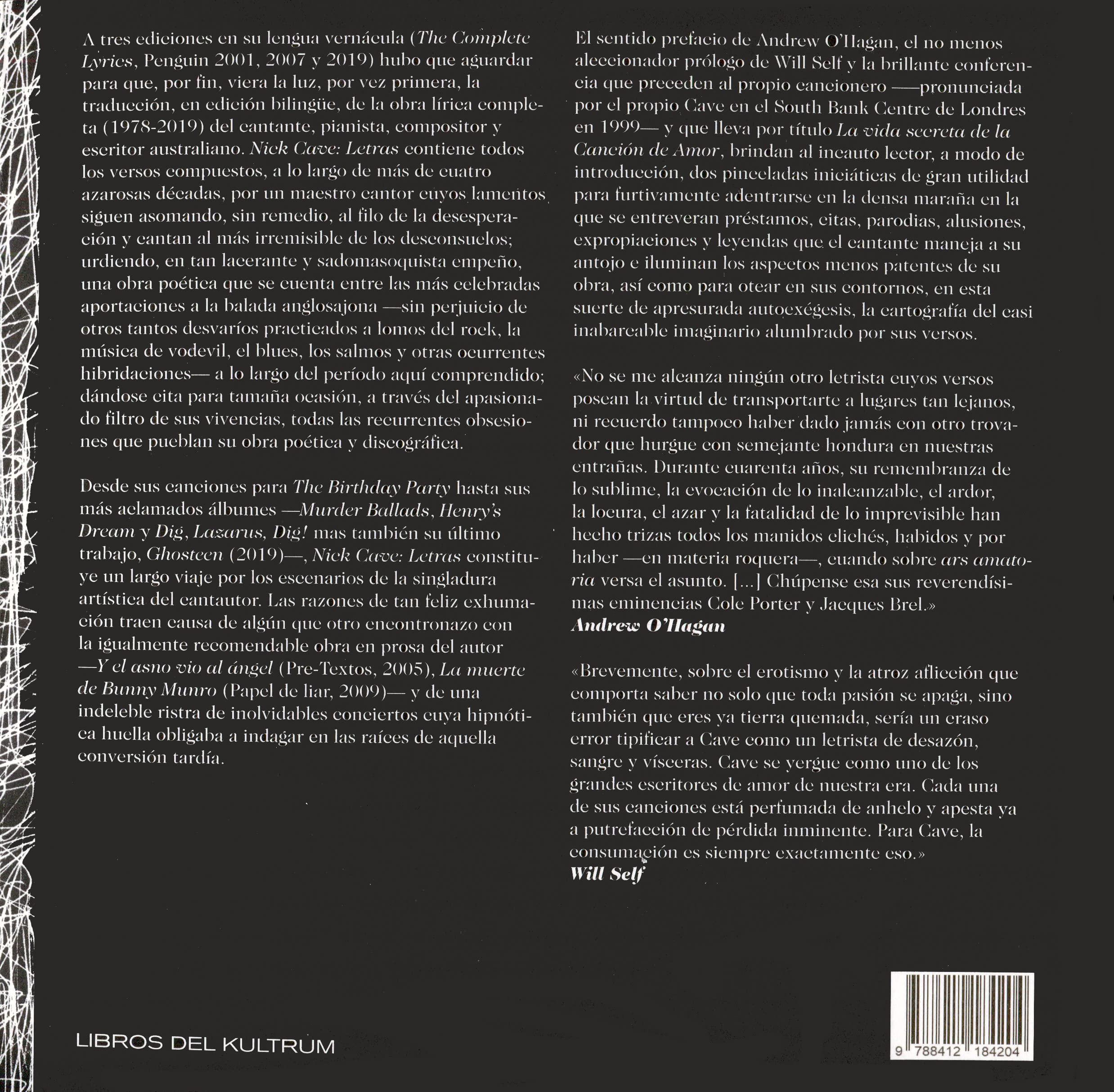 Nick Cave. Letras: Obra lírica completa 1978-2019: 11 (Libros del Kultrum)