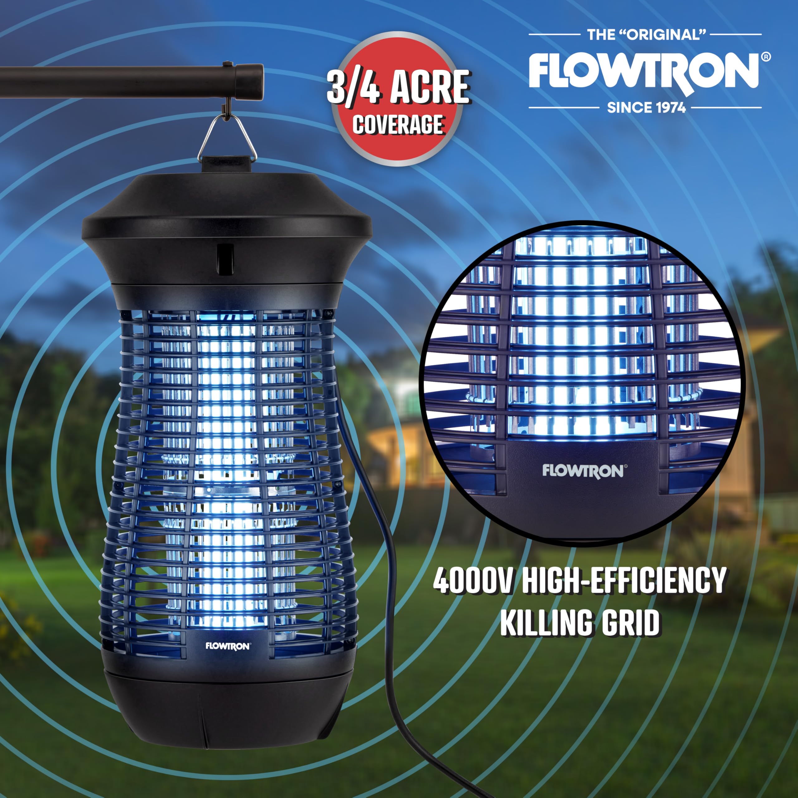 Flowtron Insektenvernichter für den Außenbereich, 4000 V, elektrischer Insektenvernichter mit ¾ Acre-Abdeckung, nicht verstopfendes Stoßgitter, tötet Mücken, Fliegen und fliegende Insekten, Terrasse