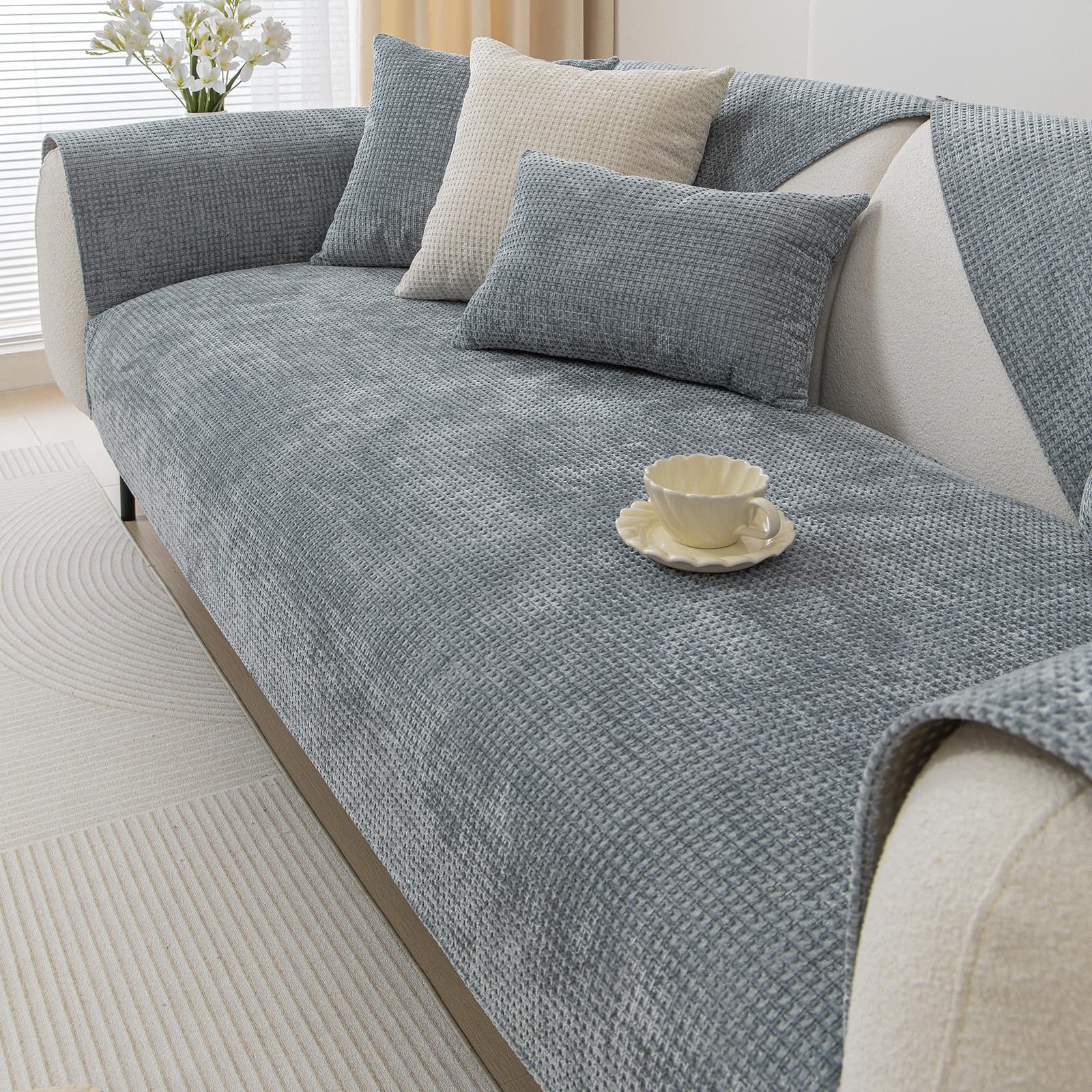 vctops Farmhouse Plaid Chenille Couch Sofa Cover Super Soft Plush Sectional Couch Covers Anti-Slip Solid Sofa Slipcover for Dogs, Children, Pets Furniture Protector (Light Grey,36"x70")