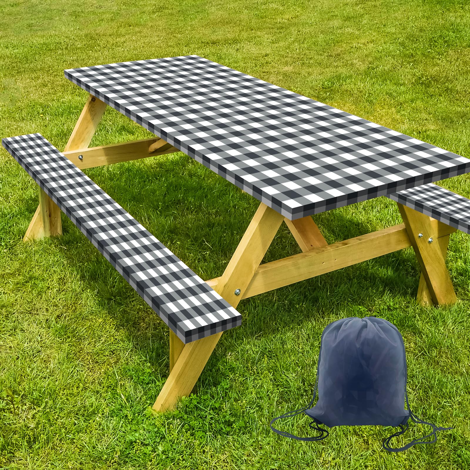 Photo 1 of YILEGSYO Picnic Table Cover with Bench Covers, Washable Tablecloth for 6 Foot Rectangle Tables – 72"x30" Waterproof Elastic Fitted Black and White Checkered Camping Tablecloth for Outdoor Use