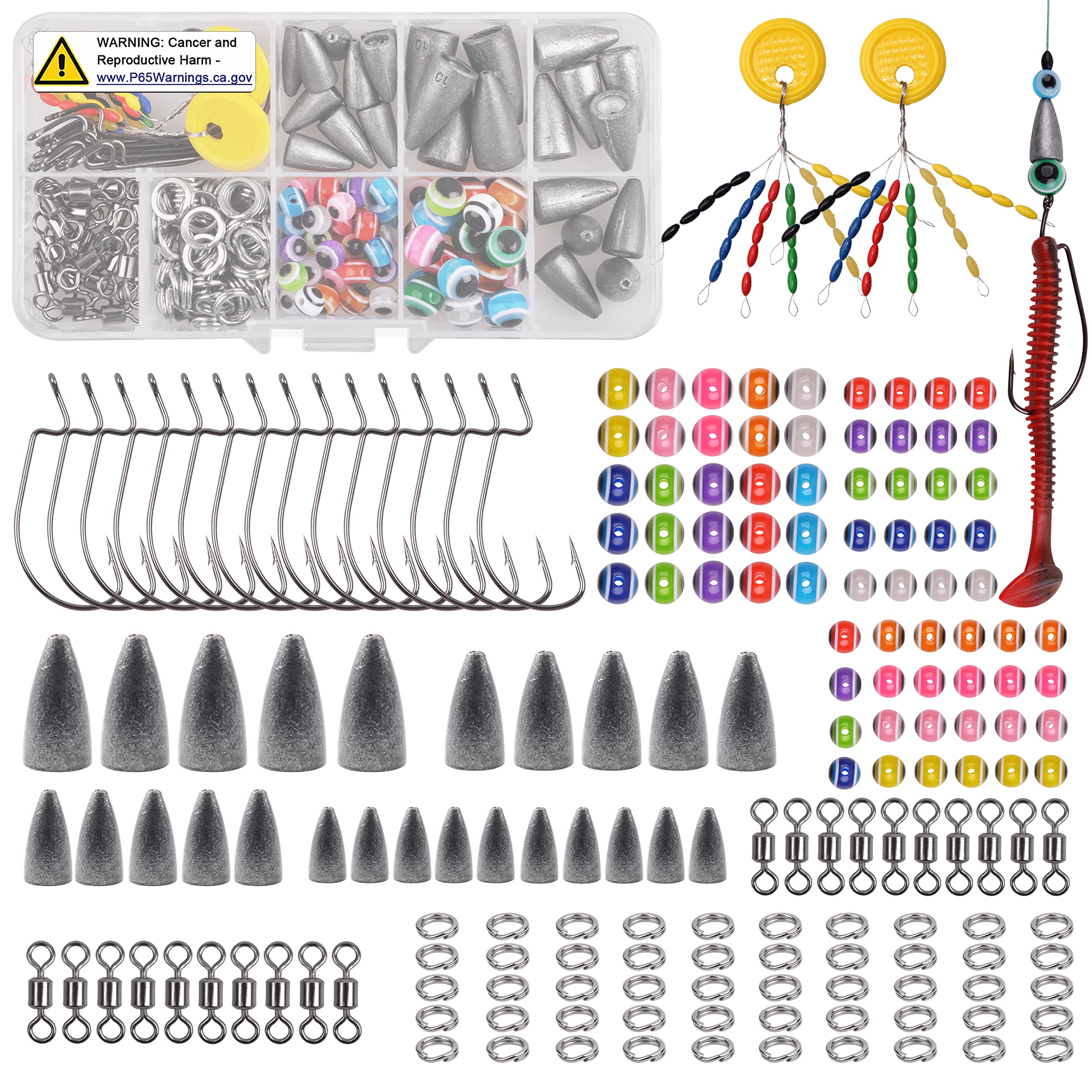 Texas Rig Carolina Fishing Rig Kit,80/182pcs Bass Fishing Tackle Set Included Worm Sinkers Weights Barrel Swivel Fishing Beads Split Ring Offset Worm