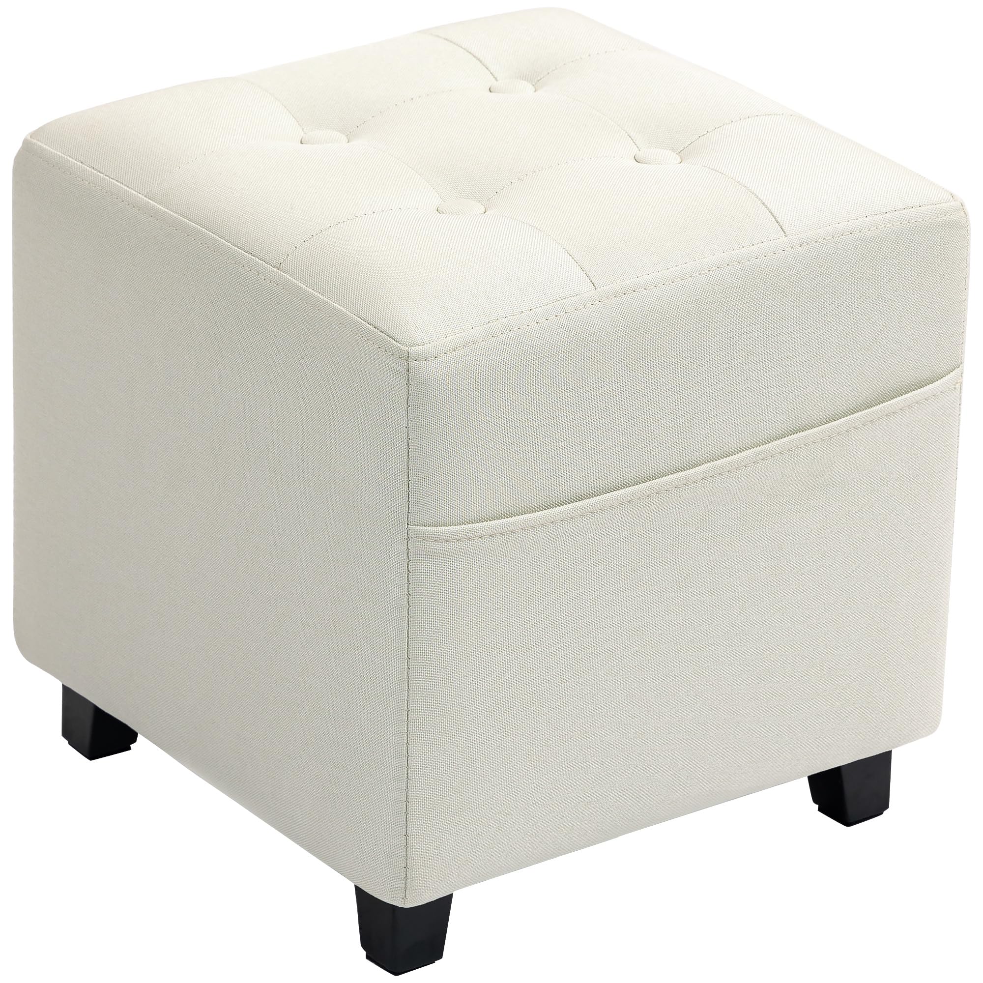 HOMCOM Reposapiés de Salón Taburete Bajo Tapizado en Lino Otomana Cuadrada con Bolsillo Lateral Tapa con Botones Acolchados y Marco de Madera para Sala de Estar Dormitorio Crema