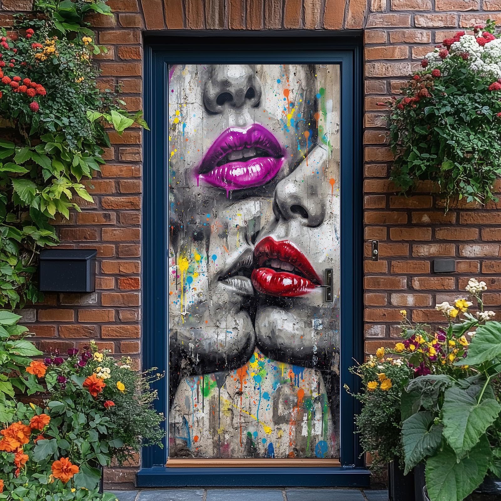 Papel pintado autoadhesivo para puerta de graffiti, 90 x 200 cm, 3D para salón, baño, gris, resistente al agua, póster para puerta, película americana, calle americana, labios brillantes, pintura en
