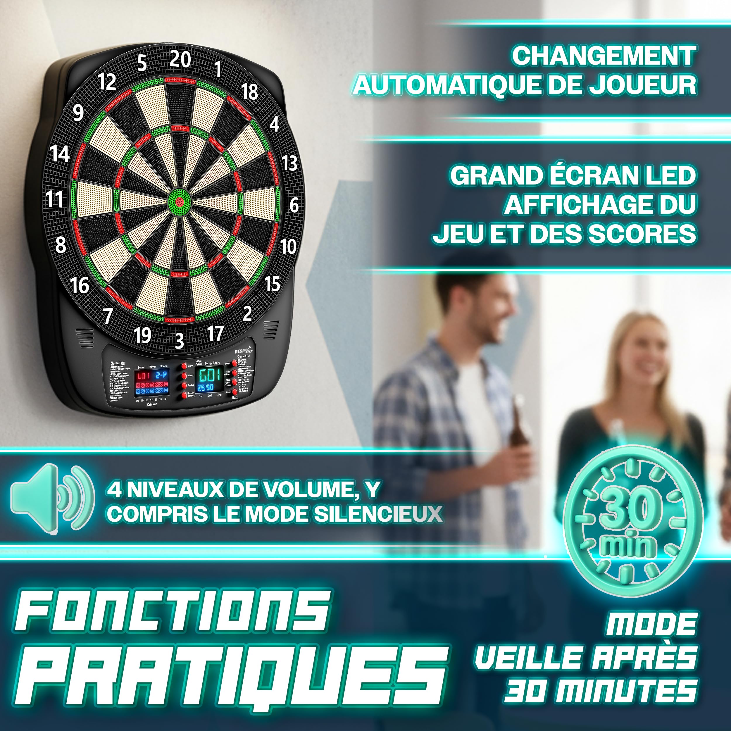 RE:SPORT® Cible de fléchettes électronique professionnelle avec 12 flèches + 24 ailettes Pro + 100 pointes de fléchettes et accessoires | Machine à fléchettes E pour 1 à 8 joueurs avec 427 variantes |