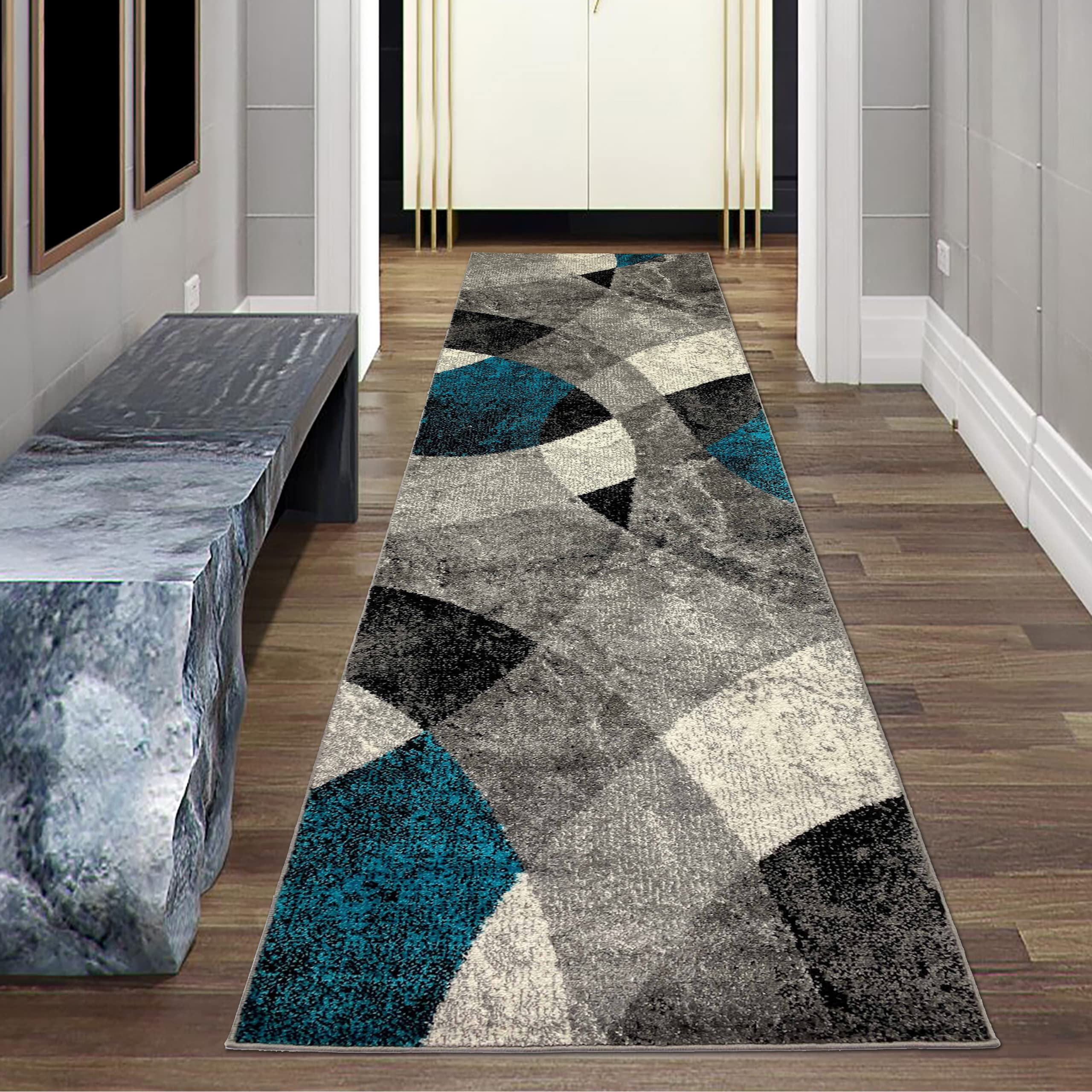 Teppich-Traum Tapis de Salon Moderne Design Abstrait marbré Losanges ondulés Bleu Gris - résistant & Durable Größe 80 x 300 cm