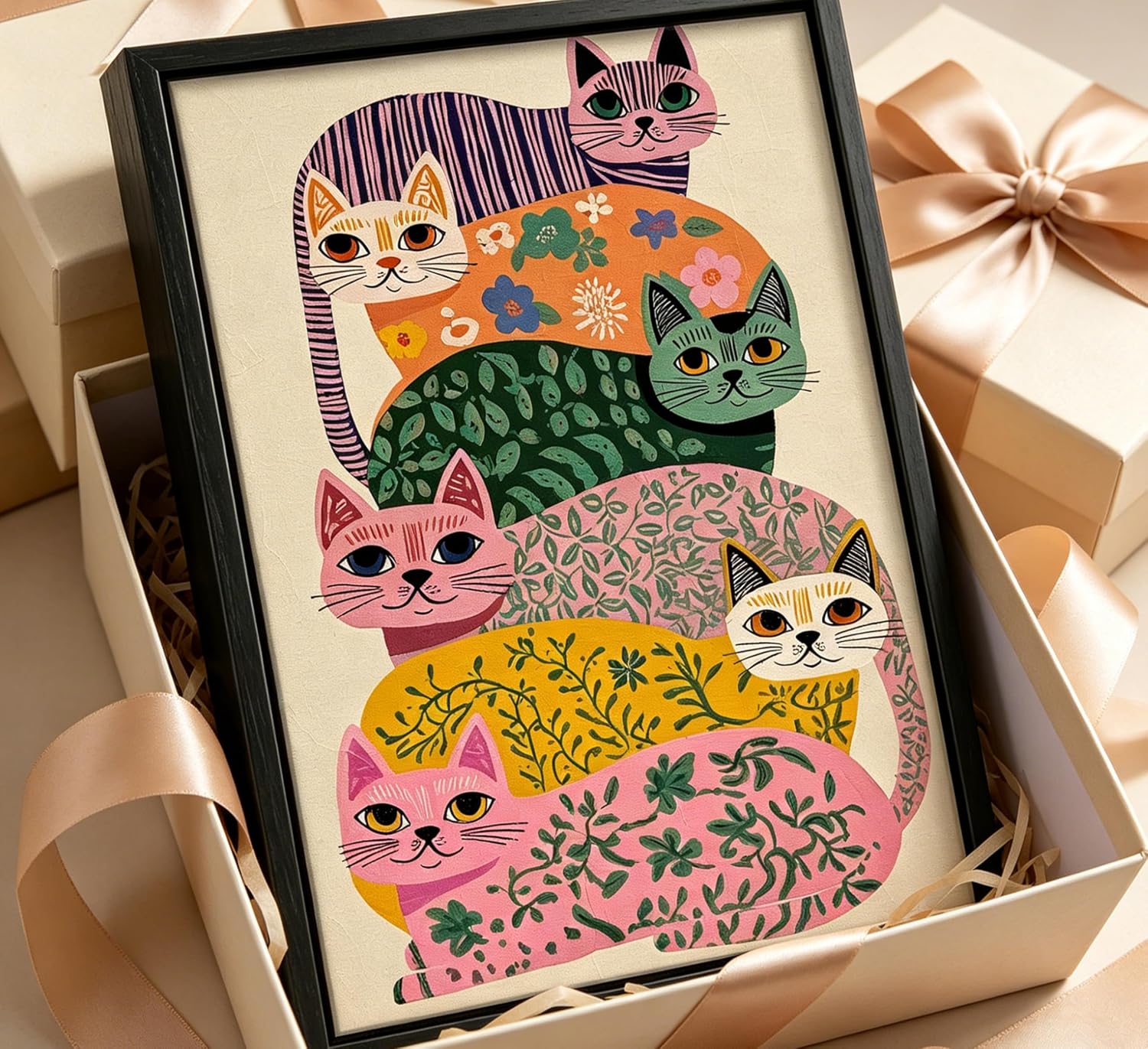 Framed Colorful Cat Wall Art, Whimsical Cat Canvas Prints, Abstract Cartoon Animal Wall Decor, Funny Cat Poster Artwork for Boho Living Room Bedroom Kids Room, 8x10in