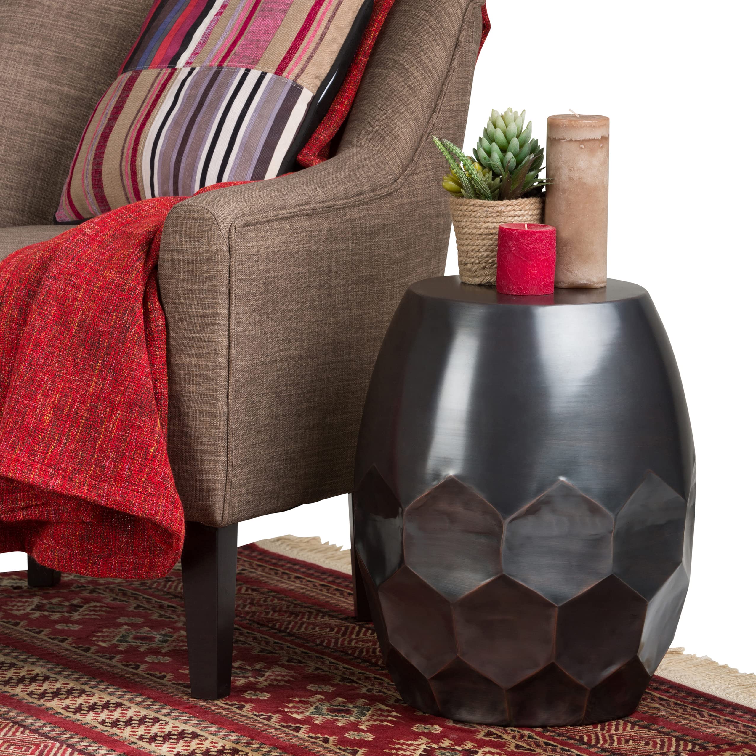 SIMPLIHOME Garvy 33" Wide Round Metal Coffee Table in Rustic Bronze | Industrial round drum table with honeycomb design for living room use; assembled side table, end table or coffee table.