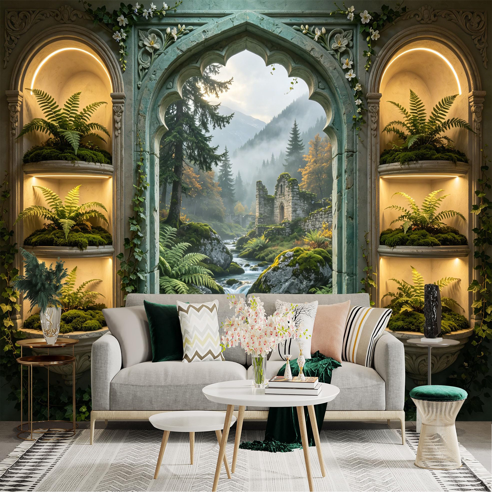 Custom Size Wall Sticker Mural， Fantasy Forest Window View with River， Ruins and Fern Plants， for wall Decoration， peelandstick wall Decals.