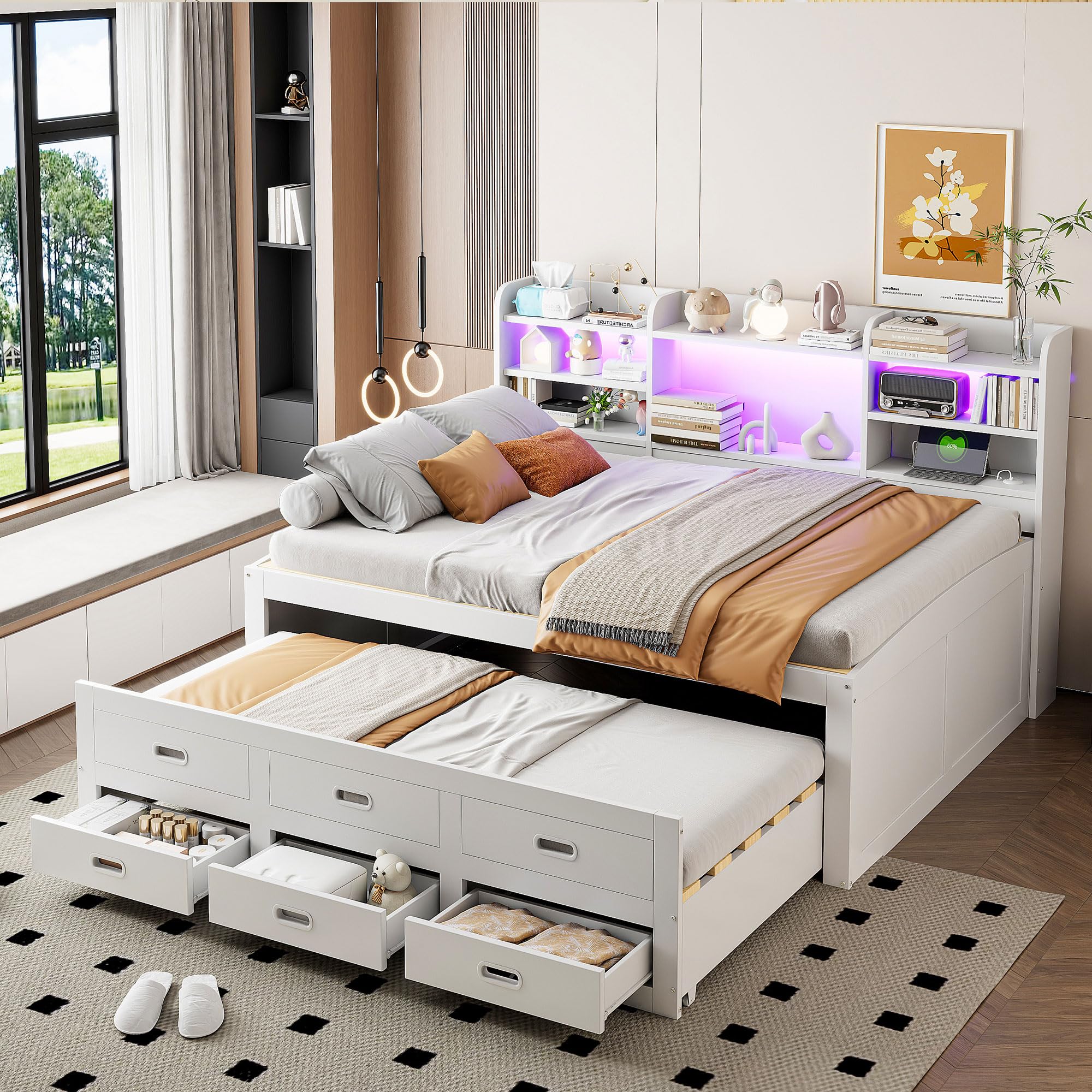cama de día juvenil 140 x 200 cm con cama nido y 3 cajones, individual LE/D, varios compartimentos y función US/B, tablero de partículas (sin colchón, blanco)