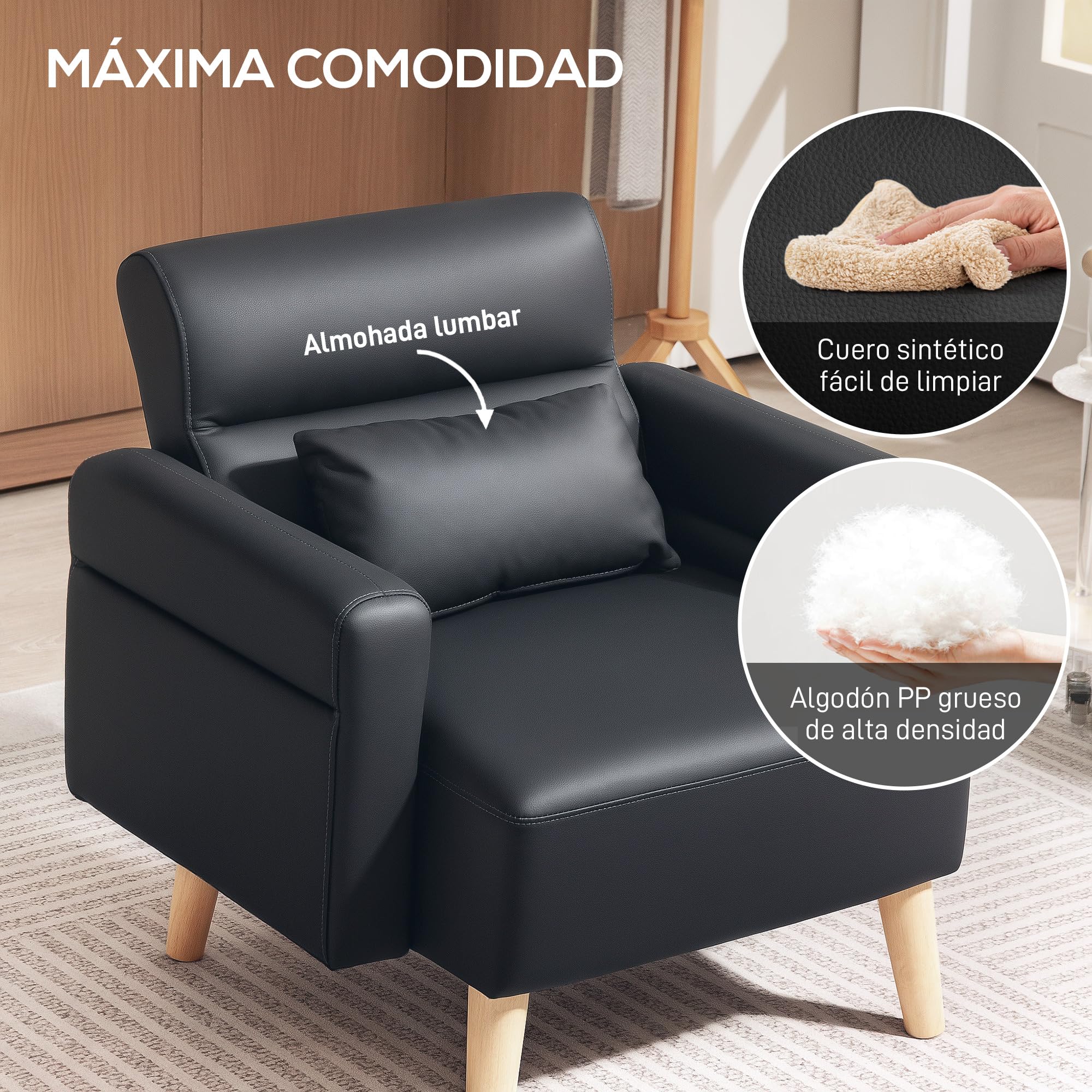 HOMCOM Sillón de Salón Tapizado en Cuero Sintético Butaca de Salón de 77 cm con Reposabrazos Acolchado Grueso Respaldo Acanalado y Patas de Madera para Dormitorio Sala de Estar Negro