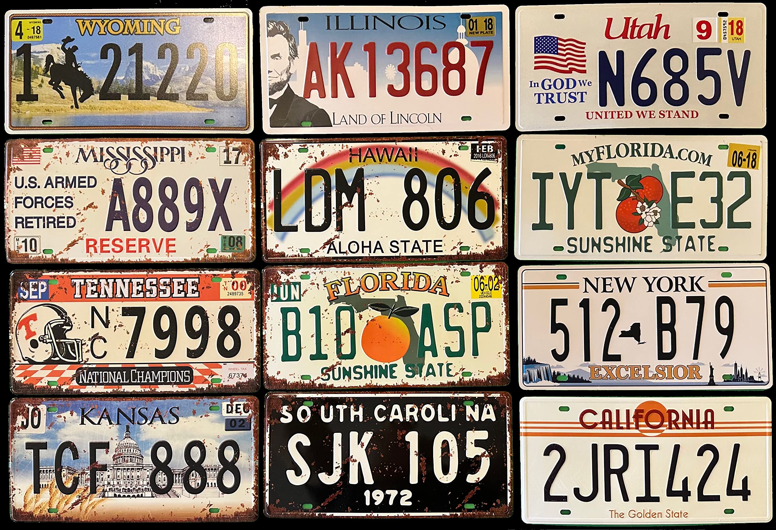 Lote de 12 Placas de Matrícula de Coche de EE. UU. Réplicas de Placas Americanas Bar - Cafetería - Cueva de Hombre - Garage o Taller —15x30cm—(LOTE-5-Y-7-REKKILPI)