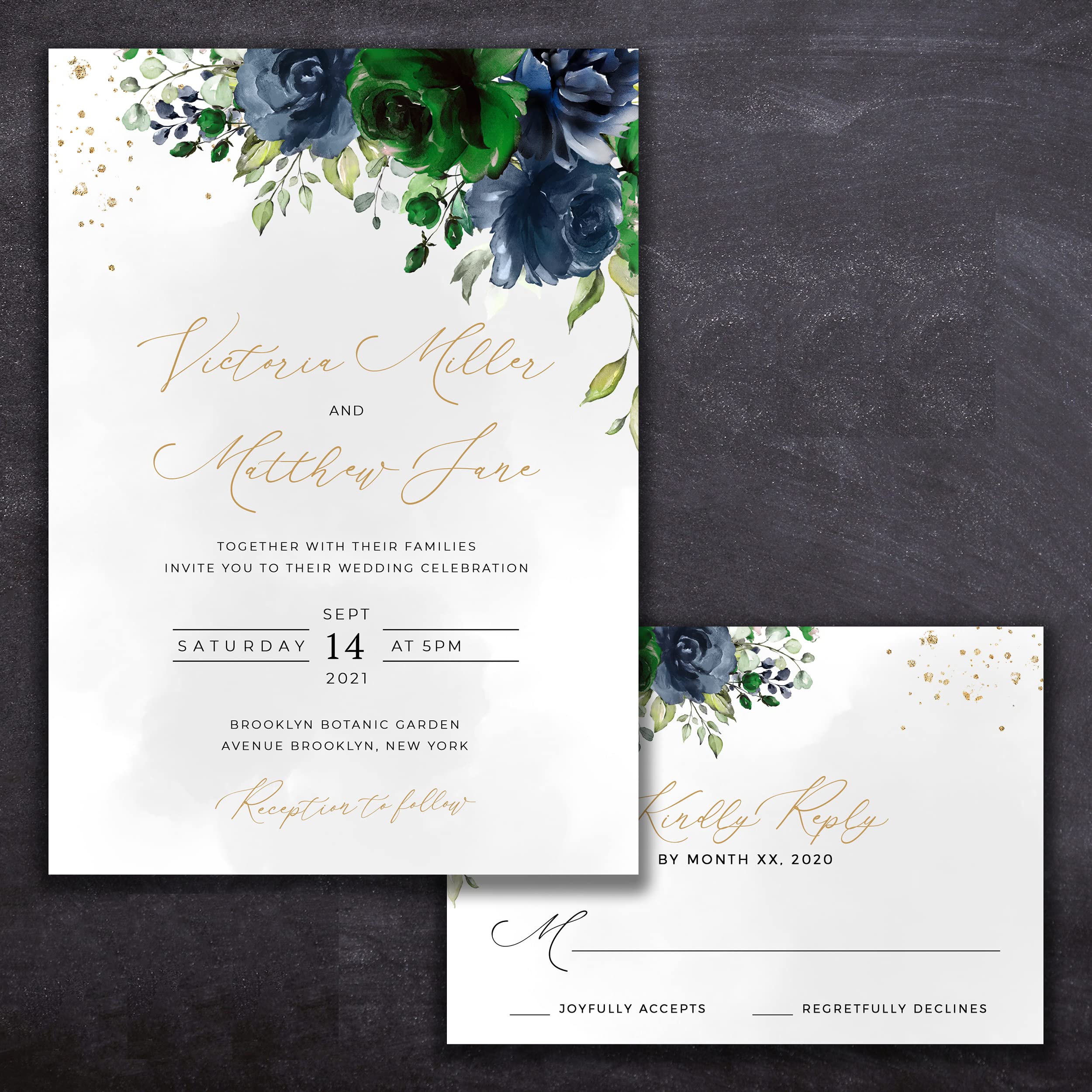 Superior Pod Customized Wedding Invitation Cards - 24 Wedding Invitations with Envelopes and 24 Rsvp Cards – Navy & Green Flower Wedding Invitations Personalized with Gold Text
