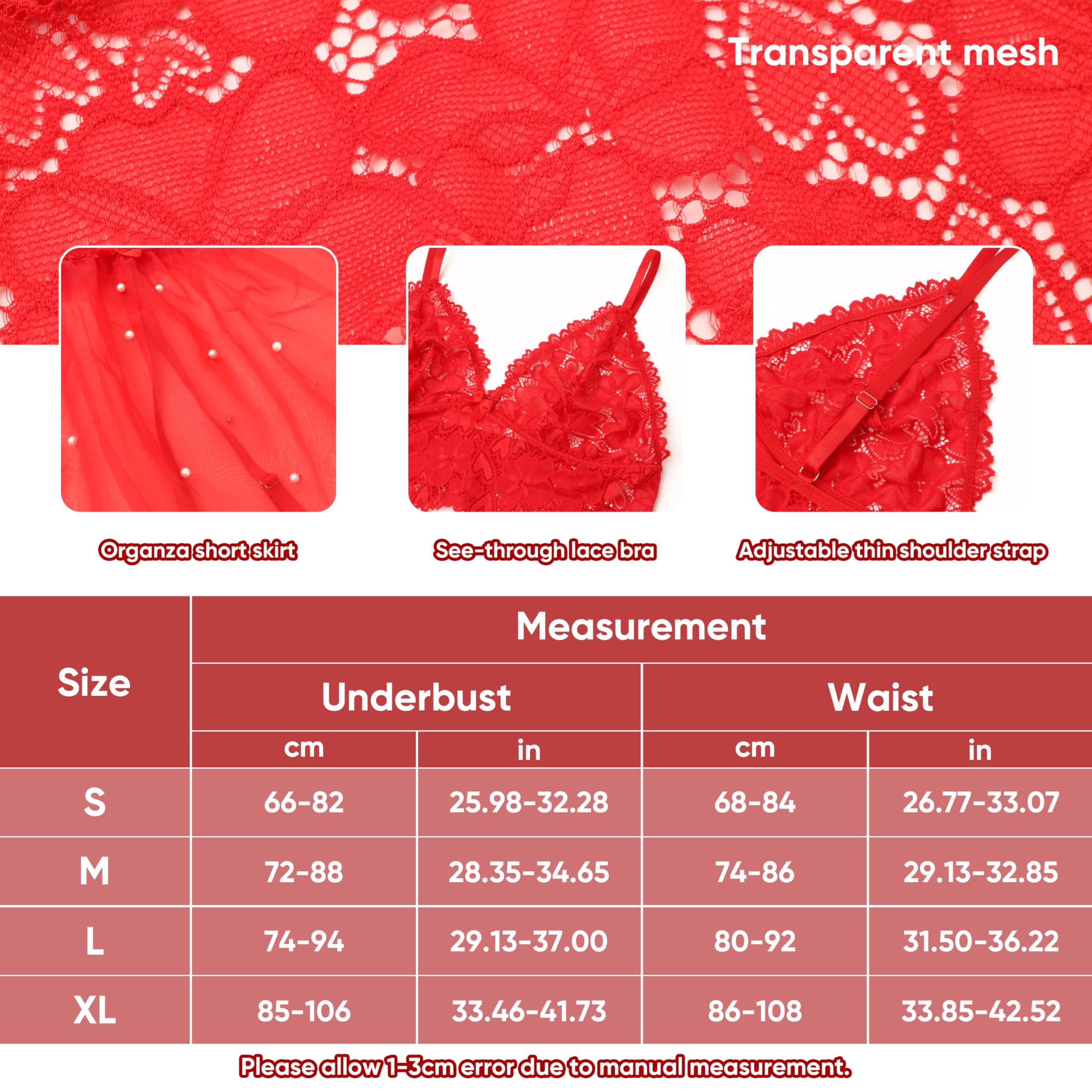 Feng Shui Damskie seksowne komplety bielizny Czerwone 3 szt. Koronki Głęboki dekolt w kształcie litery V Top biustonosz push-up Organza Perłowa mini spódniczka ze stringami i pasem do pończoch