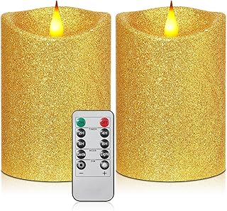 Retisee 2 Pcs Glitter Flameless Candles, 3.5'' x 5'' Realistic Artificial Metallic Flame LED Candles Battery Operated Candle with Remote for Christmas, Wedding, Birthday, Anniversary(Gold)