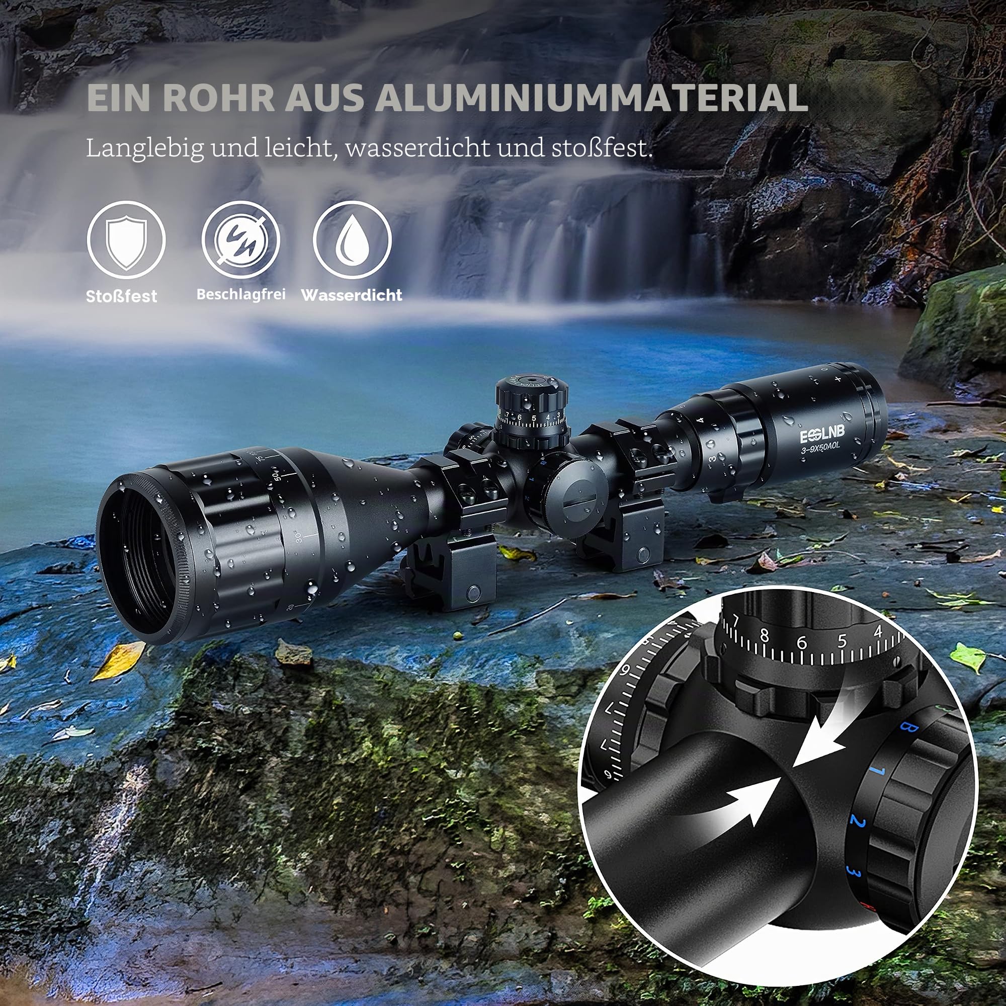 ESSLNB Zielfernrohr 3-9x50MM Airsoft Luftgewehr Rot/Grün/Blau Mil Dot mit 20mm/22mm Picatinny-Schiene Montage 3-stufige Helligkeit inkl. Sonnenblende für Taktische Armbrust Jagd und Sport