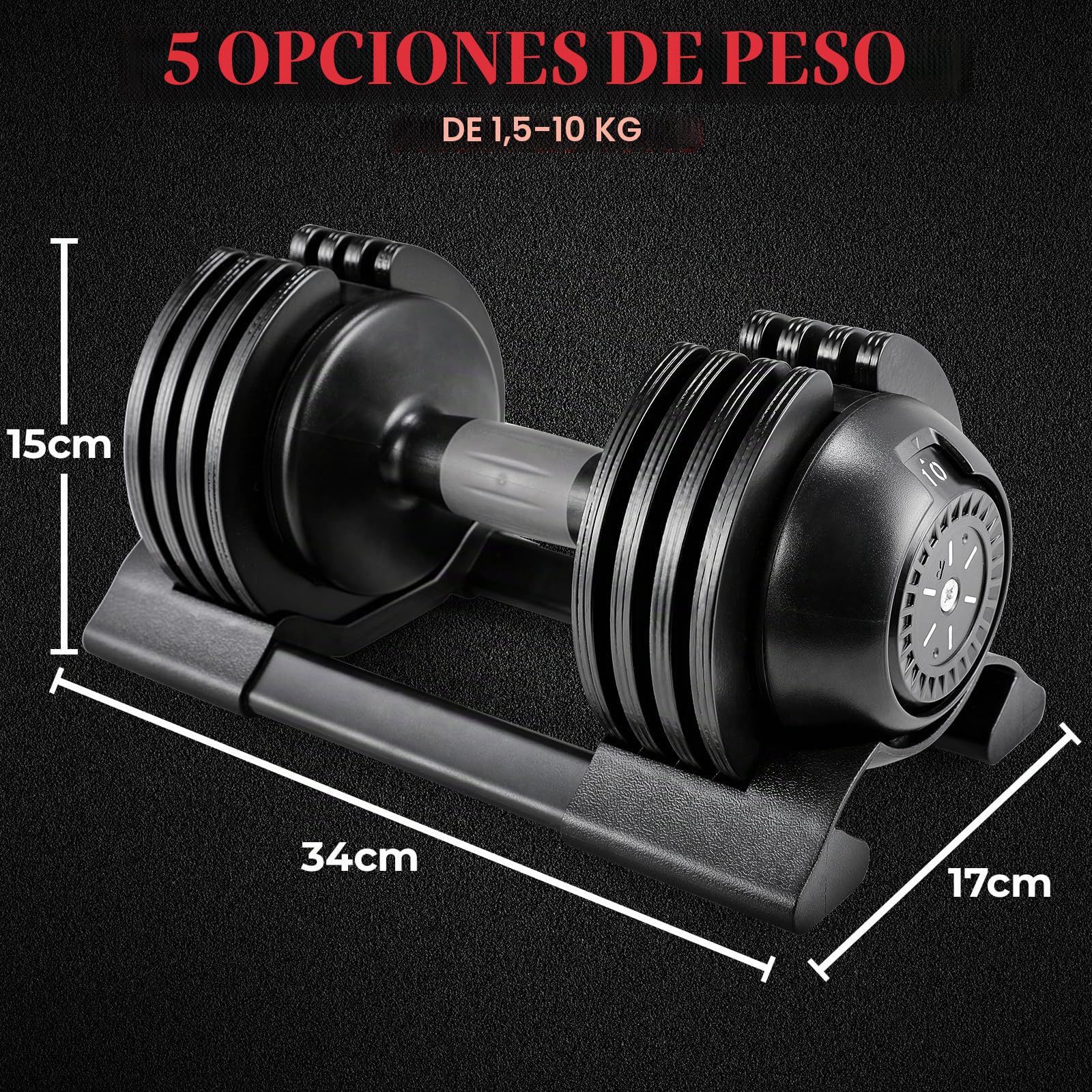 Mancuerna Ajustable 10kg 20kg 24kg, 5 Pesos ajustables, Entrenamientos de musculación indoor, Agarre ergonómico, Para gimnasio o hacer deporte en casa