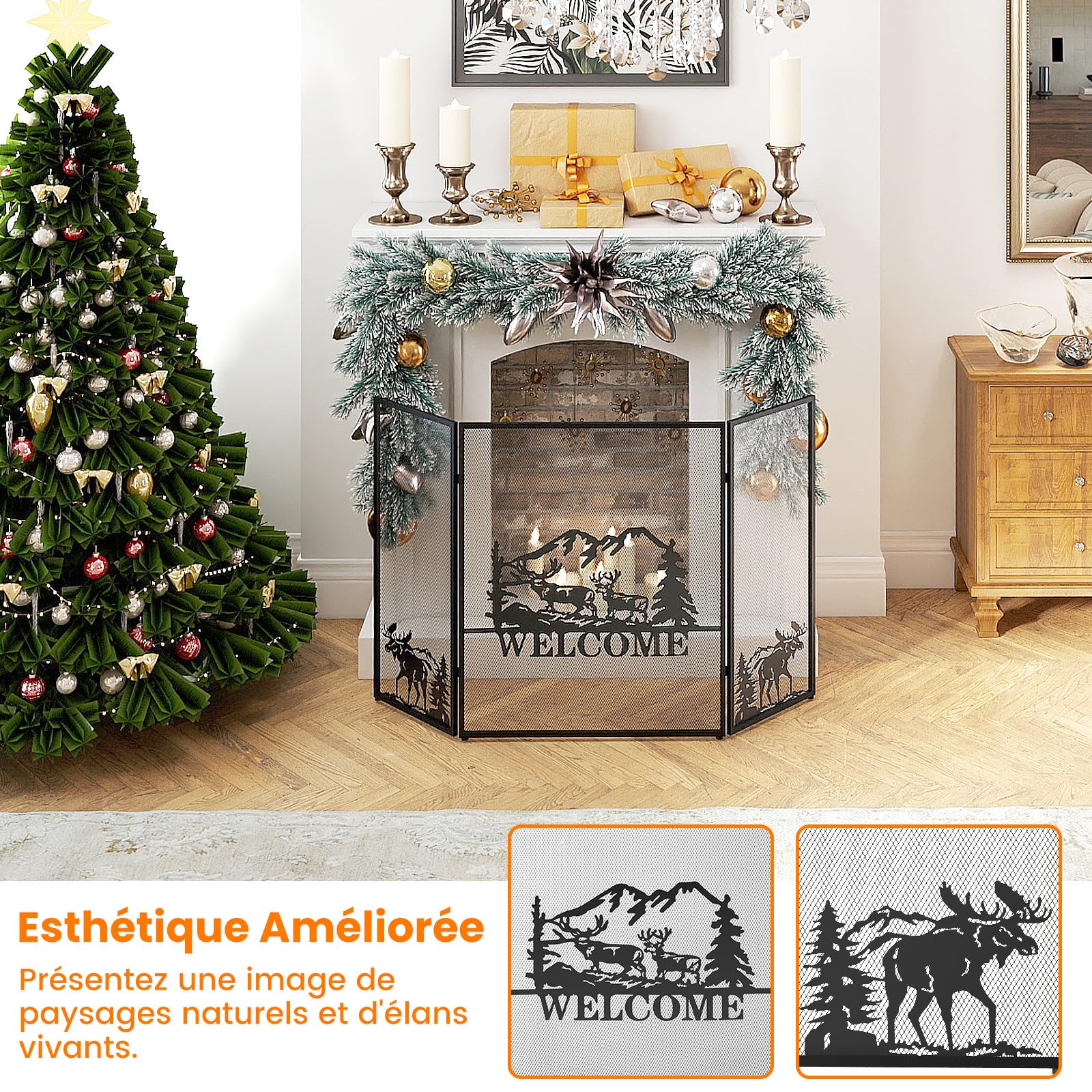 GOPLUS Pare Feu Cheminée Pliable 3 Panneaux en Fer, Écran de Cheminée Pare-Étincelles Pliable pour Décoration de Salon, Grille de Protection pour Cheminée Autoportante (Bienvenu, 132x79CM)