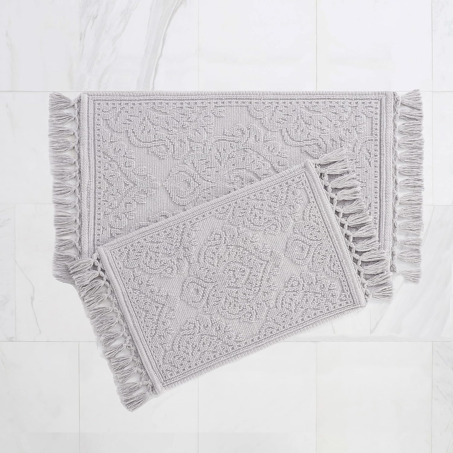 Jean Pierre – Ricardo Bath Mats, Set of 2 Woven Fringe Bathroom Rugs, 100% Cotton, Premium Bathroom Decor – Measures 17″ x 31″ and 21″ x 41″ – Light Gray Jean Pierre – Ricardo Bath Mats, Set of 2 Woven Fringe Bathroom Rugs, 100% Cotton, Premium Bathroom Decor – Measures 17″ x 31″ and 21″ x 41″ – Light Gray