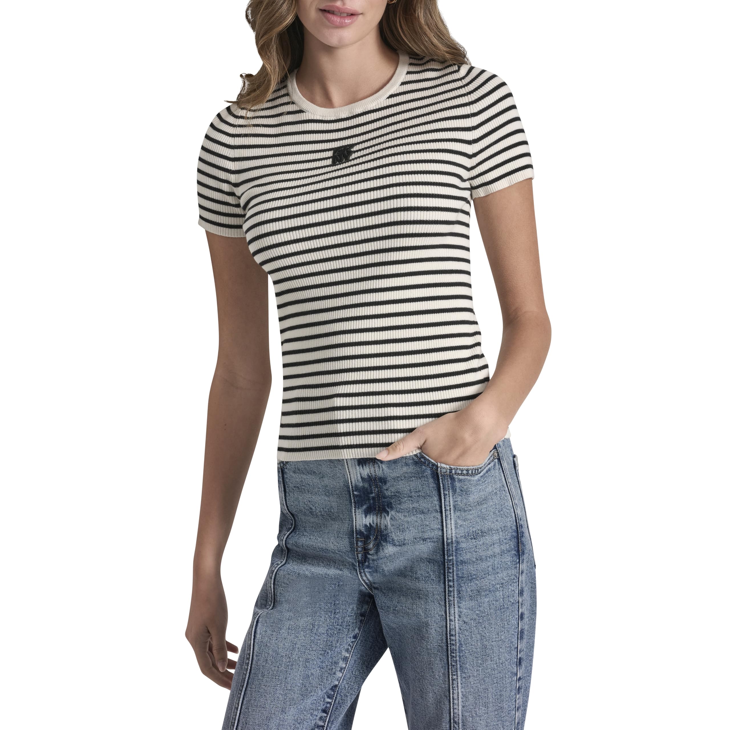 

                                                    DKNY Women's Crew Neck Striped Logo Short Sleeve S