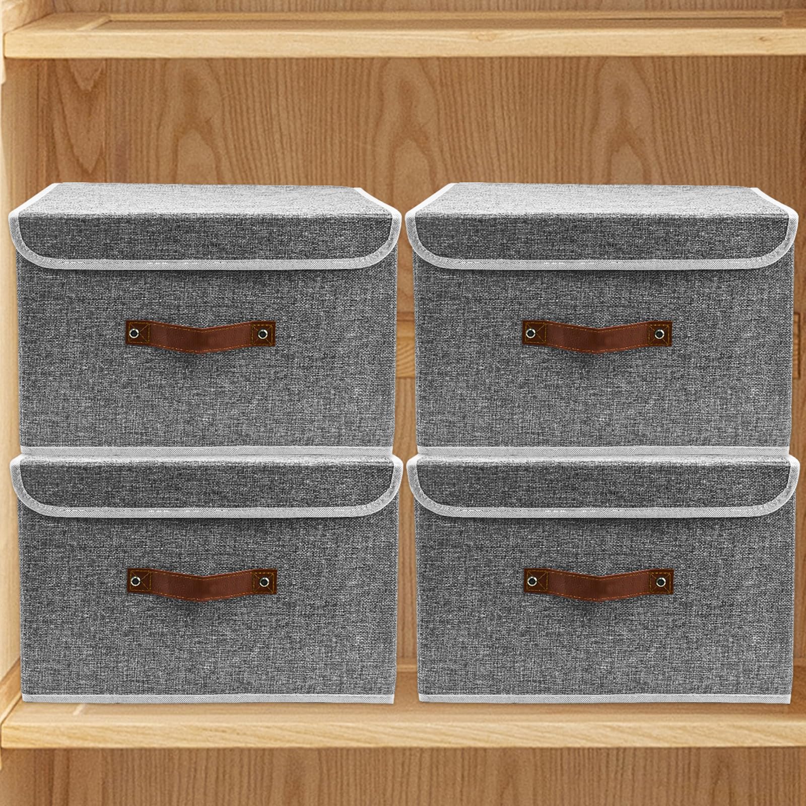 KYYGKY 4 Pack Storage Boxes with Lid, Foldable Clothing Storage Bins Collapsible Fabric Storage Cube with Handles, Clothes Basket Containers Case Organiser for Home Shelves, Gray, 37.5 x 24.5 x 24.5cm