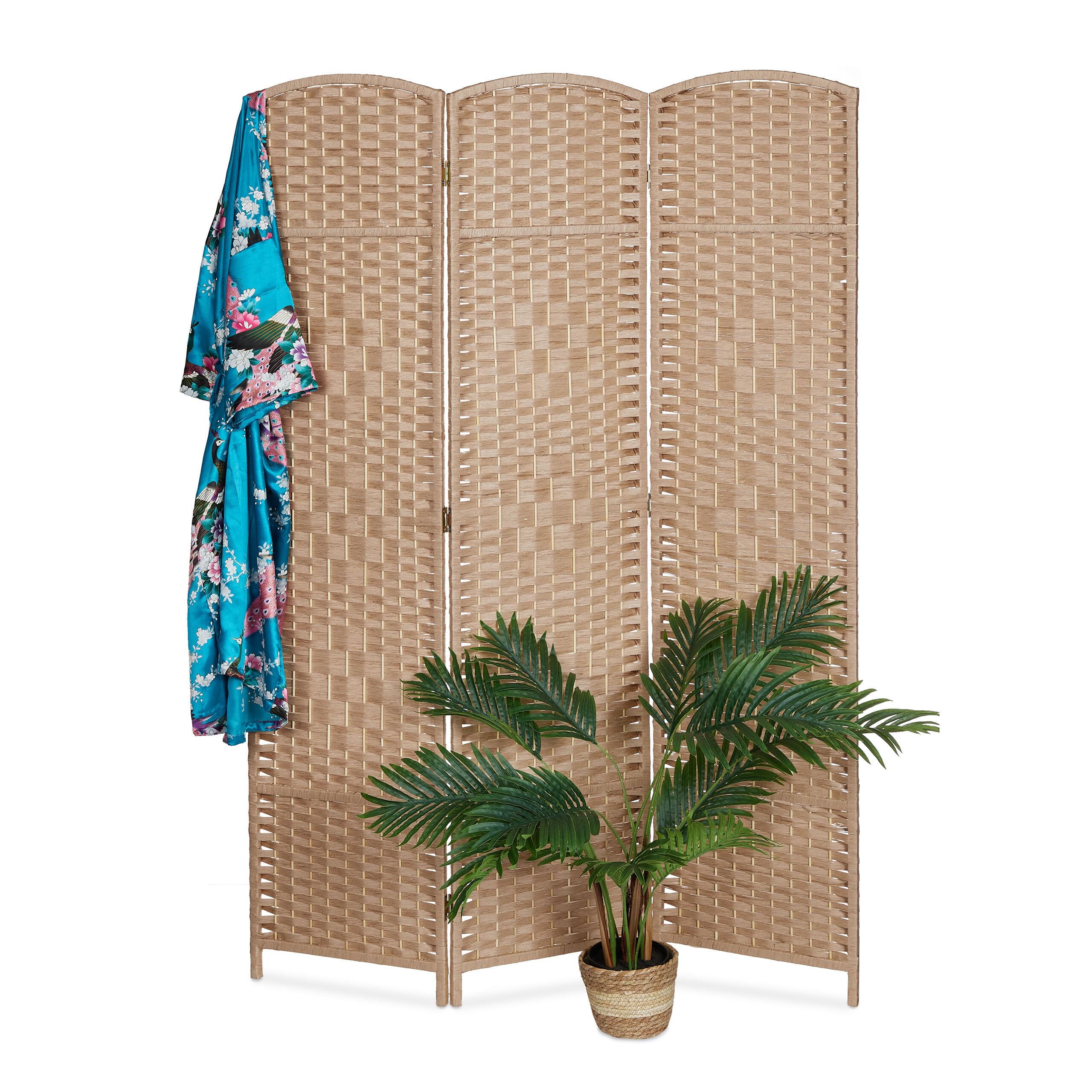Relaxdays Paravent Raumteiler, HxB: 170 x 120 cm, Faltbarer Raumtrenner, 3-teiliger Sichtschutz, Holz, Papierseil, Natur