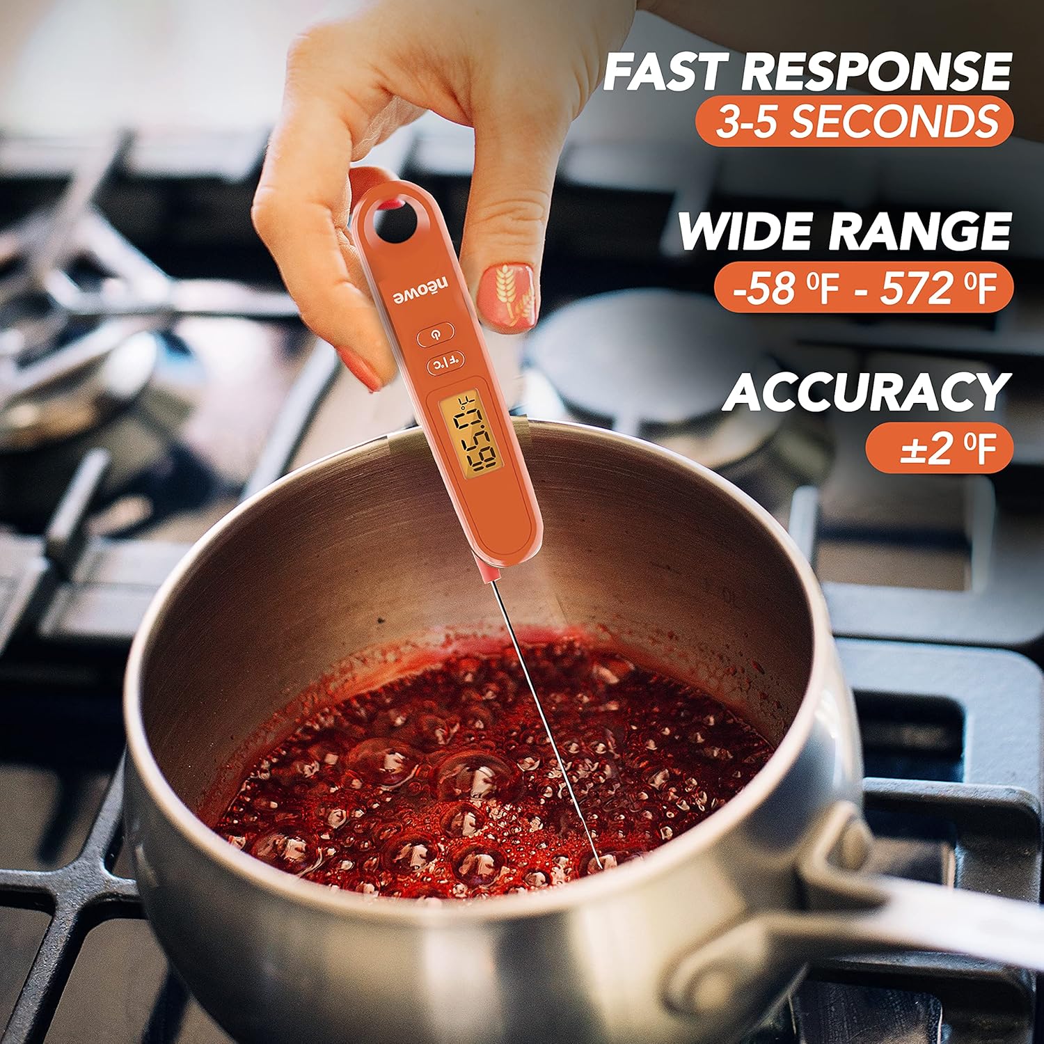 review NEOWE Instant Read Meat Thermometer, Kitchen Cooking Food Thermometer with Stainless Steel Probe, Candy Thermometer with Backlight LCD Display and Magnet