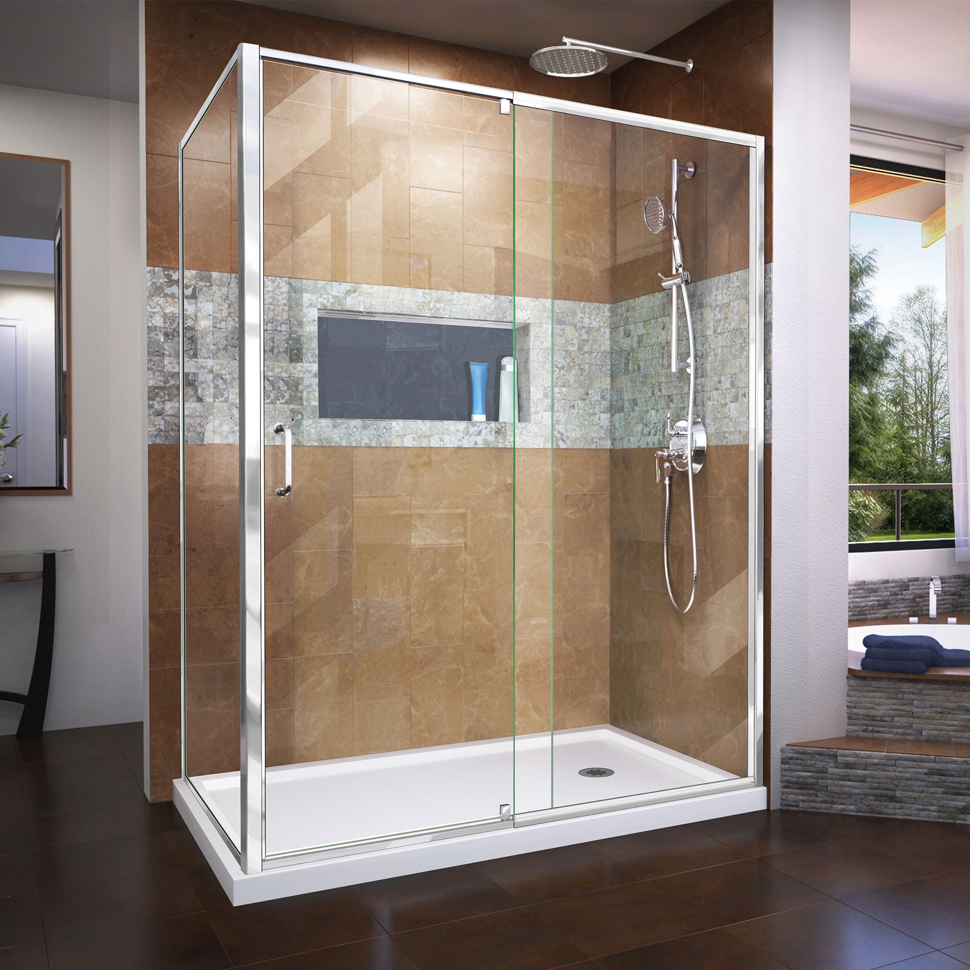 DreamLine Flex 34 1/2 in. D x 56-60 in. W x 72 in. H Semi-Frameless Pivot Shower Enclosure in Chrome, SHDR-2234580-RT-01