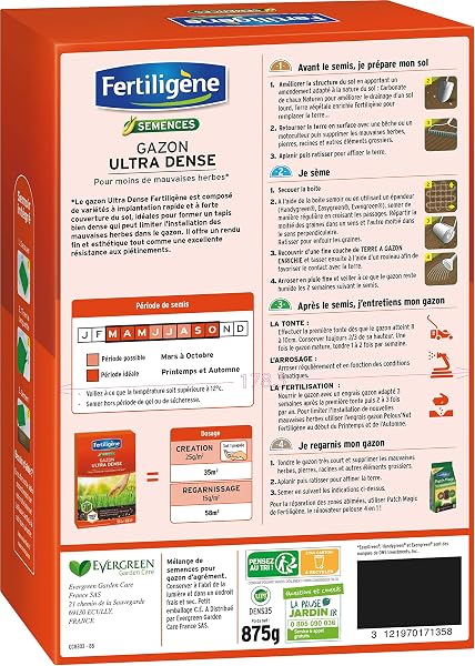 FERTILIGENE DENS35 - Semences Gazon Ultra Dense 875 g - Premières pousses en 1 semaine - Limite les mauvaises herbes - Rendu fin et esthétique - Excellente résistance aux piétinements - Pour 35 m² - 2