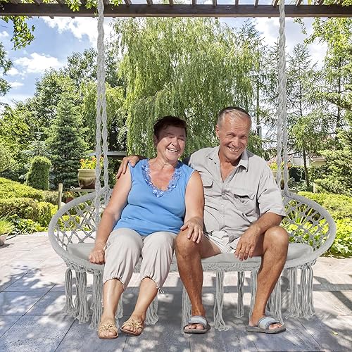 Miniatura 2 de Tangkula Silla hamaca para 2 personas, hamaca colgante de macramé con cojín, cuerda de algodón, borlas, silla colgante de estilo bohemio para