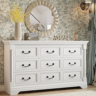 LIKIMIO Farmhouse Dresser for Bedroom with 9 Drawers, 58" Wide Wood Chest of Drawers with Roman Column, Dresser TV Stand for 65", Closet Storage Dressers Organizer for Bedroom, Living Room, Hallway