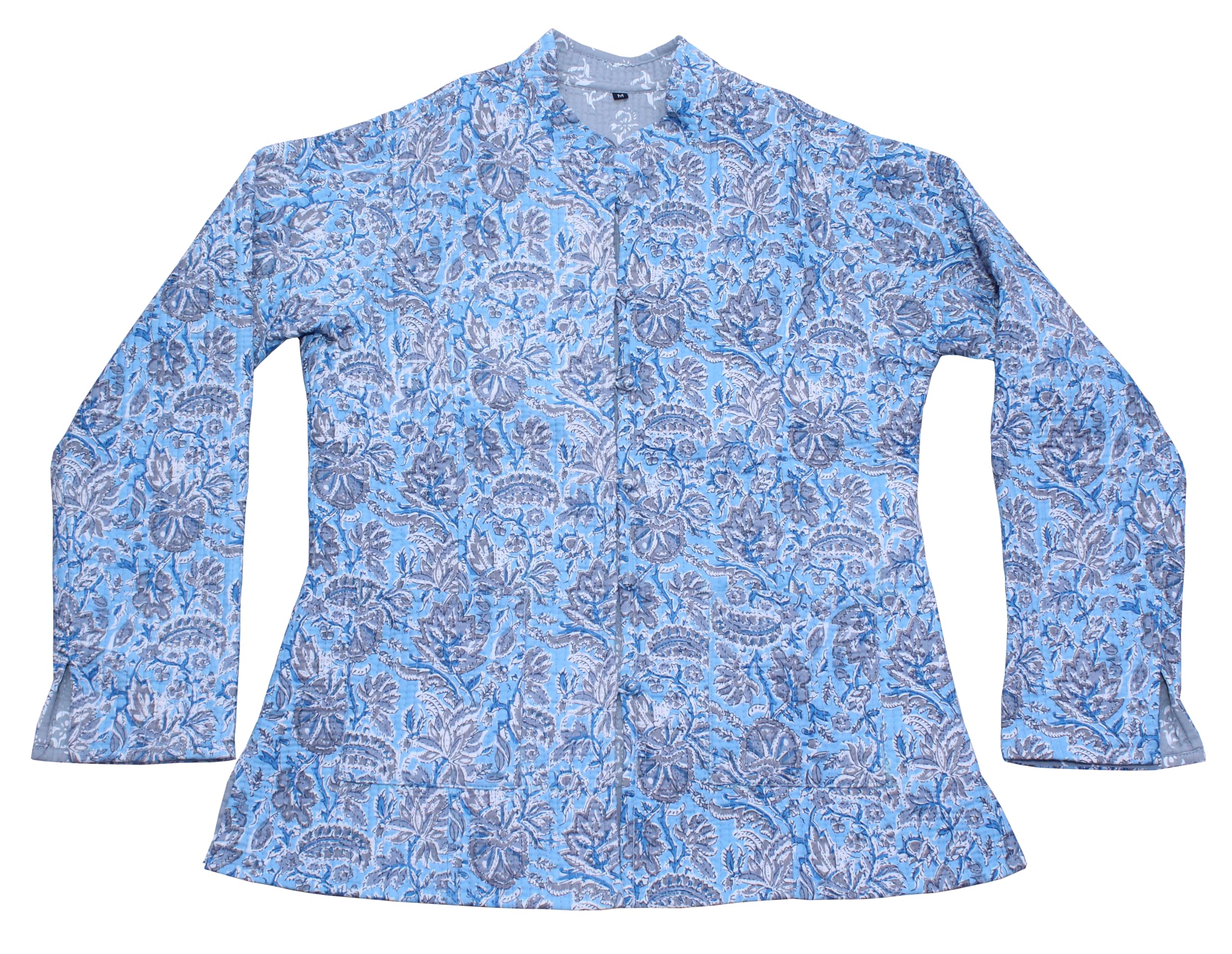 SHUBHANGI COLLECTIONSWomen's Sky Blue Floral Cotton Quilted Reversible Full Sleeve Jacket