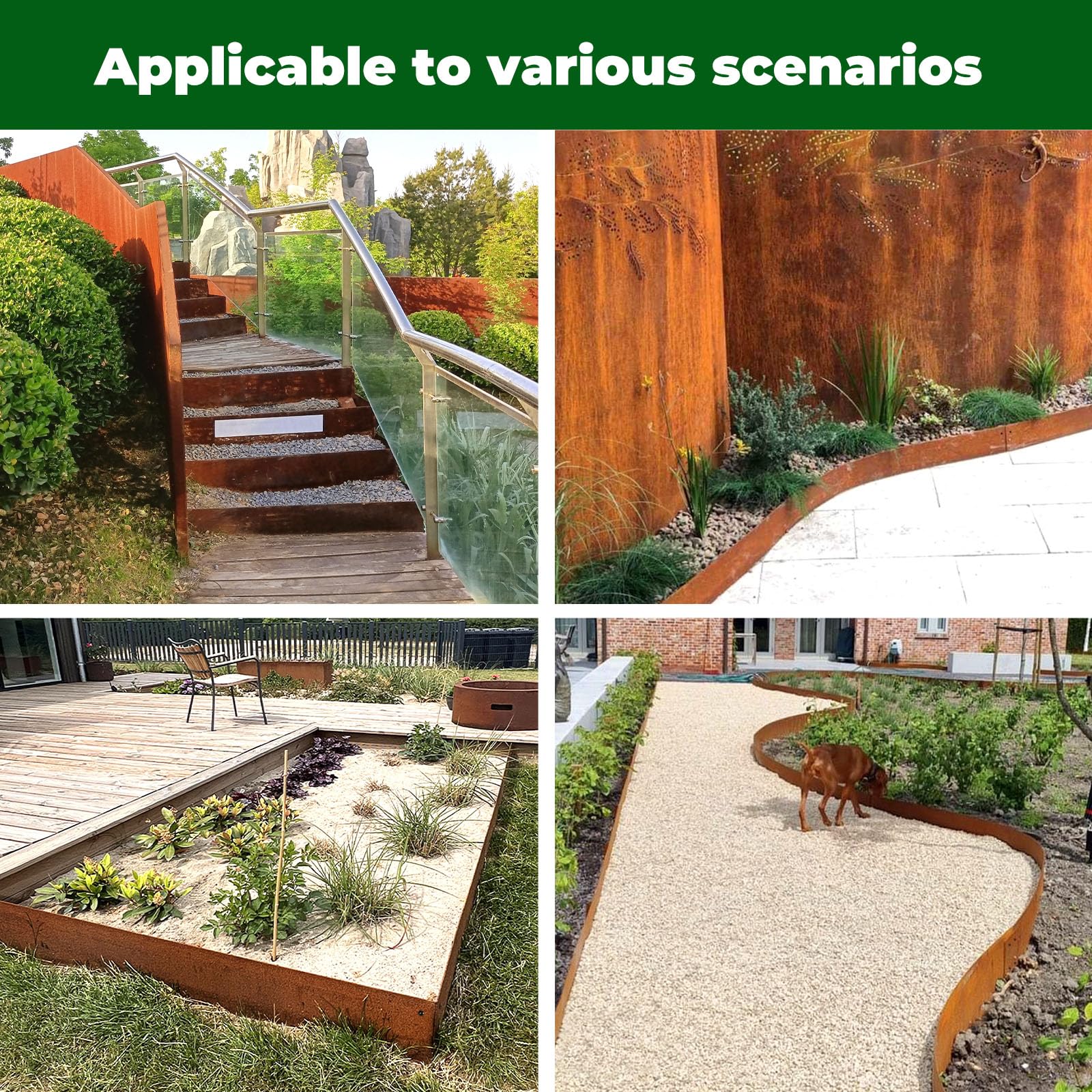 Bordura da giardino in acciaio Corten da 101,6 cm, con protezione superiore di piegatura, in acciaio corten pre-arrugginito, confezione da 6 bordi per prato (curva da 20,3 a 180 gradi, arrugginita)