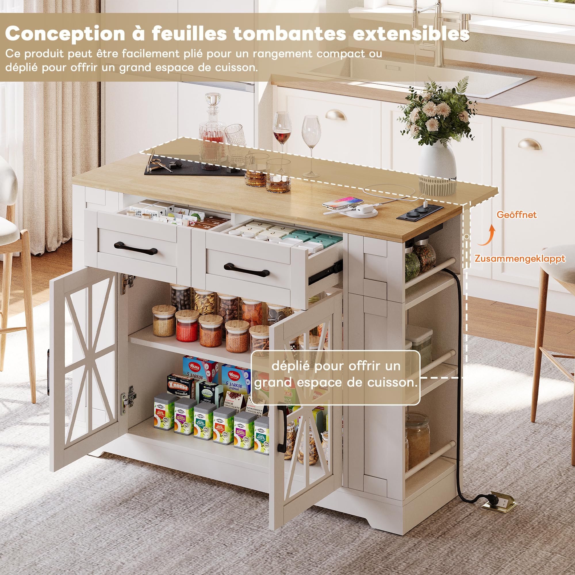 Îlot de Cuisine Moderne 120x40-60x92cm avec établi Pliable,Prise Secteur et Port USB,Buffet Cuisine avec tiroirs,Rangement Ouvert,Chariot de Salle à Manger,Buffet Salle a Manger,Blanc
