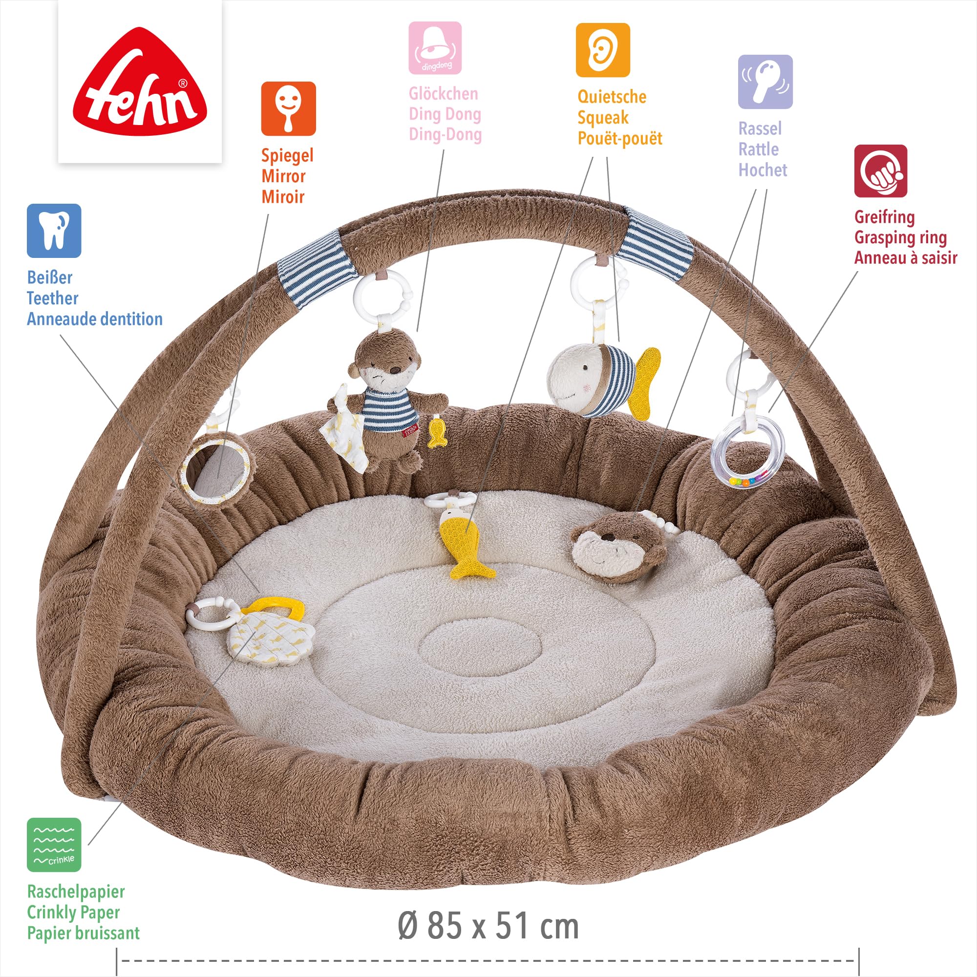 Fehn nido de actividades 3D arco de juegos nutria - Manta de juego para bebés redondo con 5 juguetes extraíbles para agarrar - para bebés y niños a partir de 0 meses - como regalo por el nacimiento