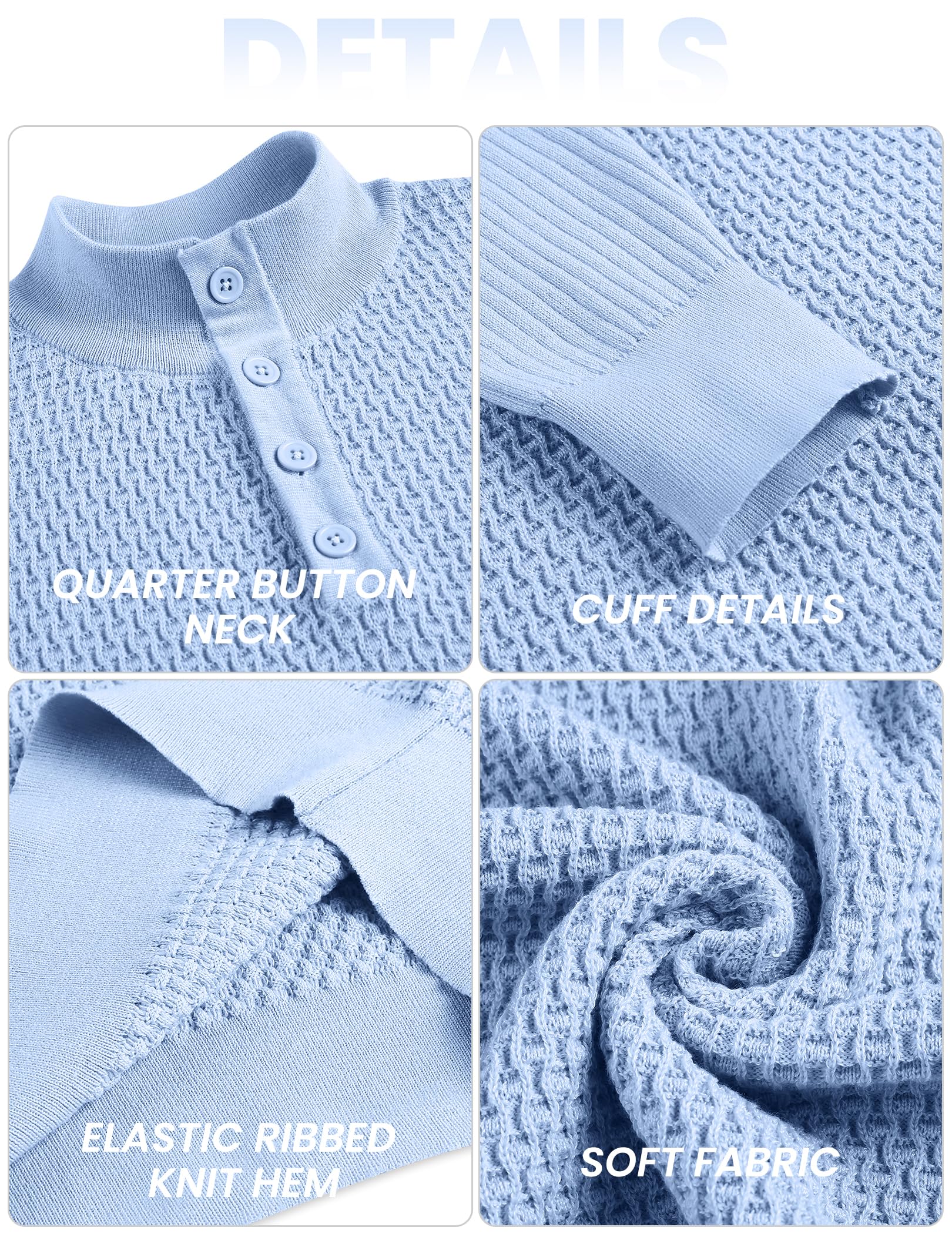 COOFANDY Maglione da uomo con bottoni a quarto e collo alto, leggero, alla moda, casual, lavorato a maglia a nido d'ape Henley | Collo a lupetto a 3 bottoni, stile casual, slim fit, autunno inverno, colletto rialzato, ufficio aziendale, polsini a costine